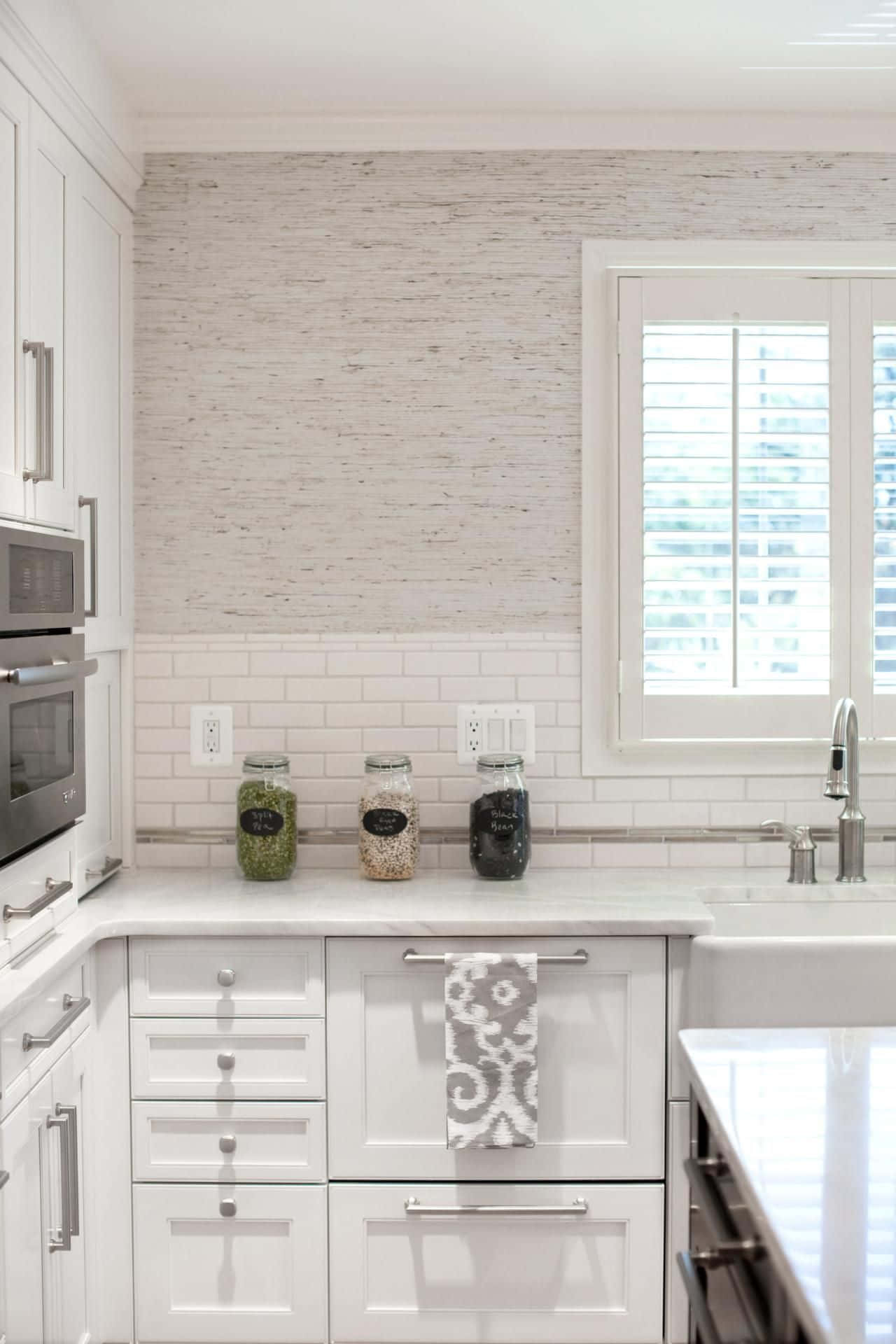 white cabinets, marble countertops, textured gray wallpaper backsplash, Full HD Phone Wallpaper