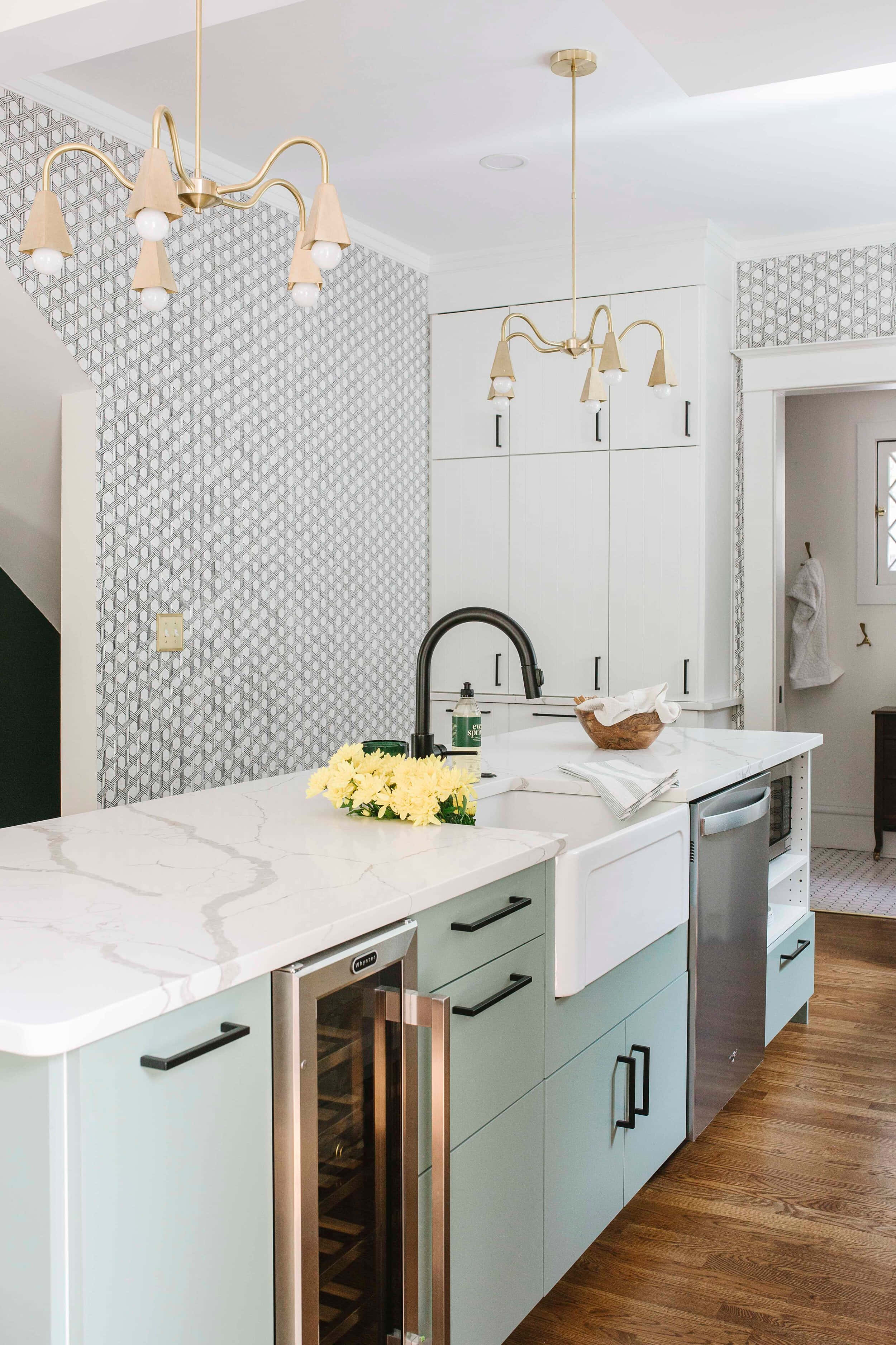 modern kitchen, mint green cabinets, white marble countertops, 2K Phone Wallpaper