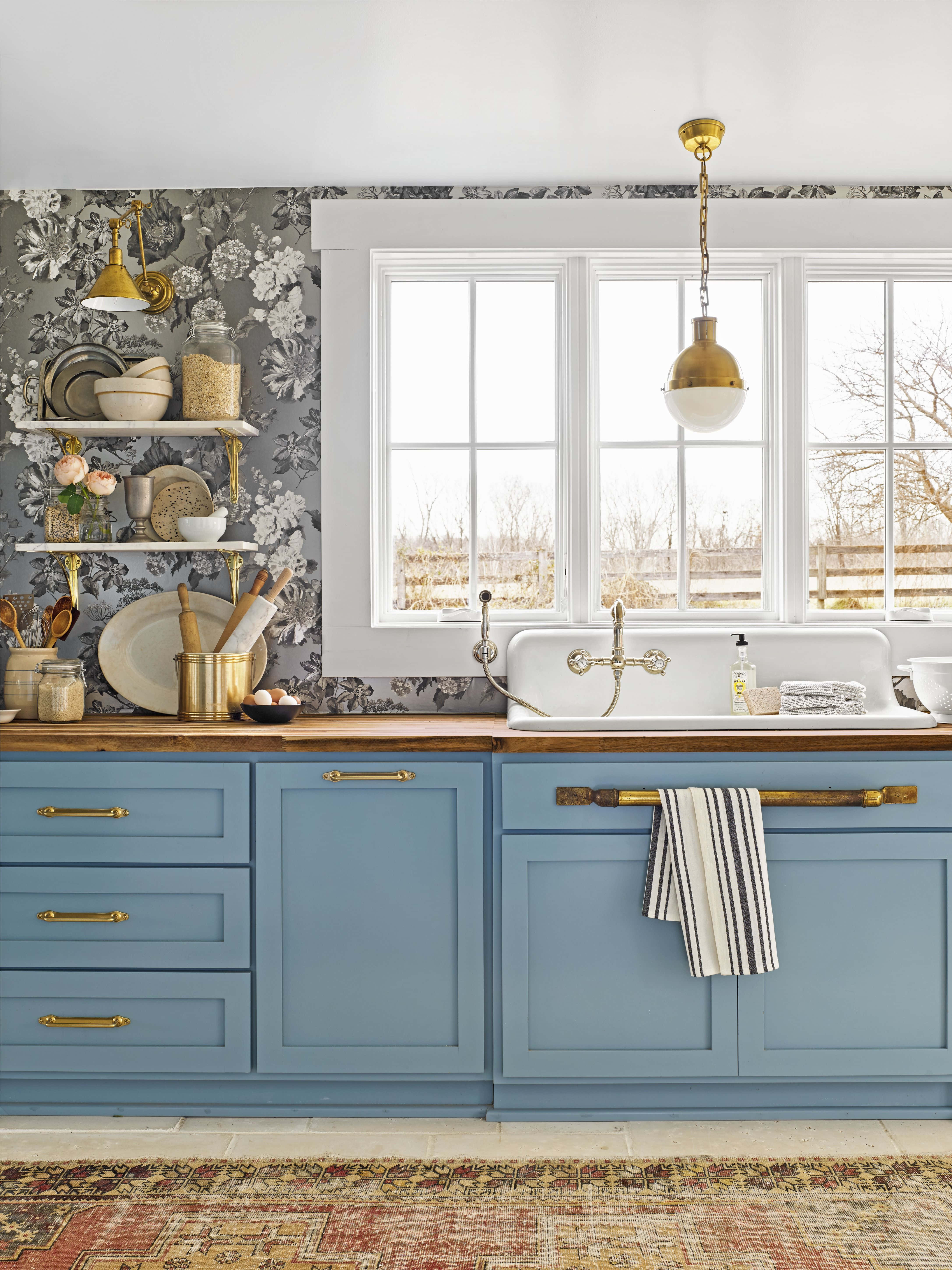 blue cabinets, wooden countertops, floral wallpaper, 5K Phone Wallpaper