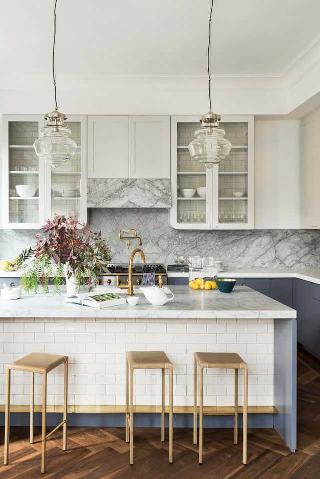 modern kitchen, marble counter tops, wooden floors, SD Phone Wallpaper