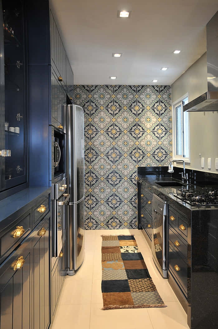 modern kitchen, navy cabinets, stainless steel appliances, SD Phone Wallpaper