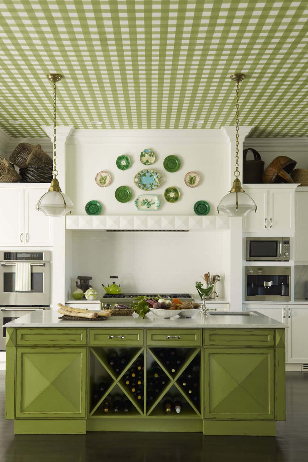 green kitchen, white cabinets, green ceiling, HD Phone Wallpaper