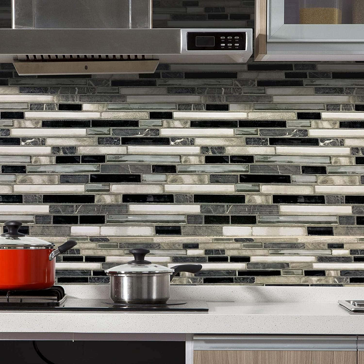 modern kitchen, gray white and black marble tiles, staggered horizontal rows, HD Desktop Wallpaper