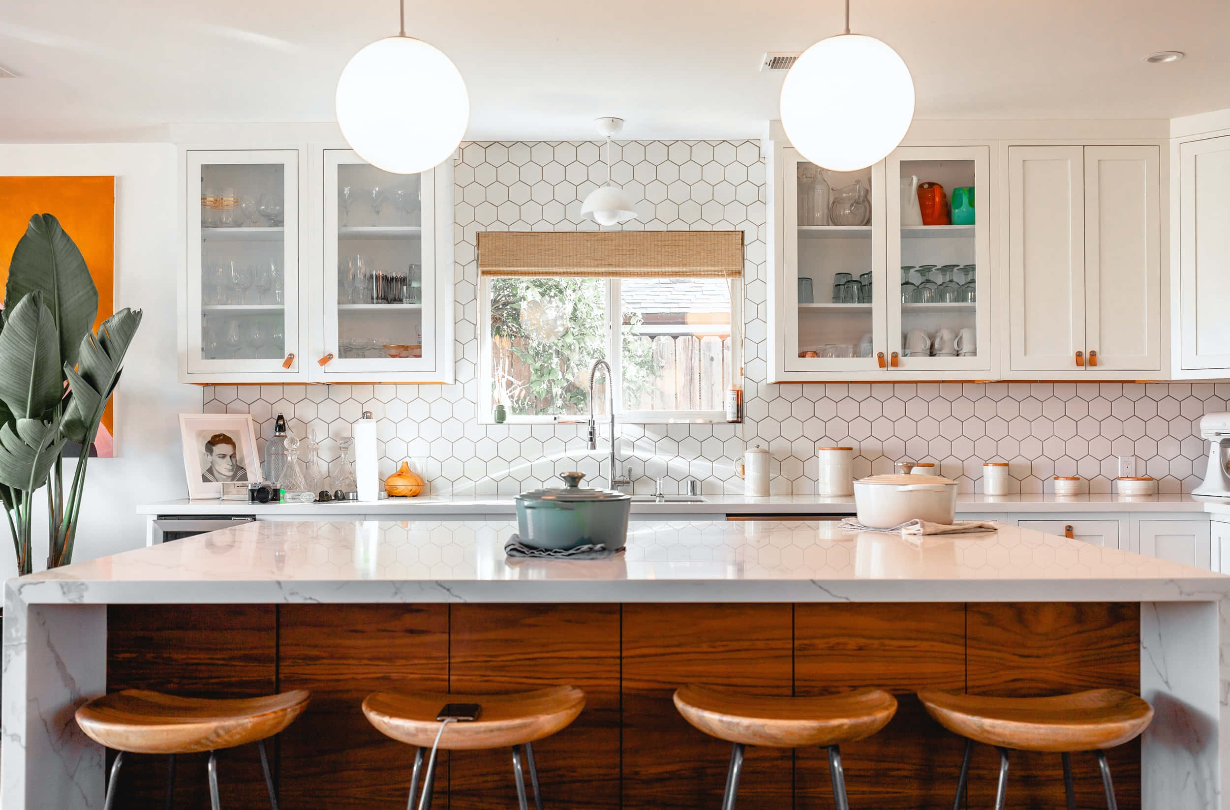 modern kitchen, white hexagonal tile backsplash, wooden bar stools, Full HD Desktop Wallpaper