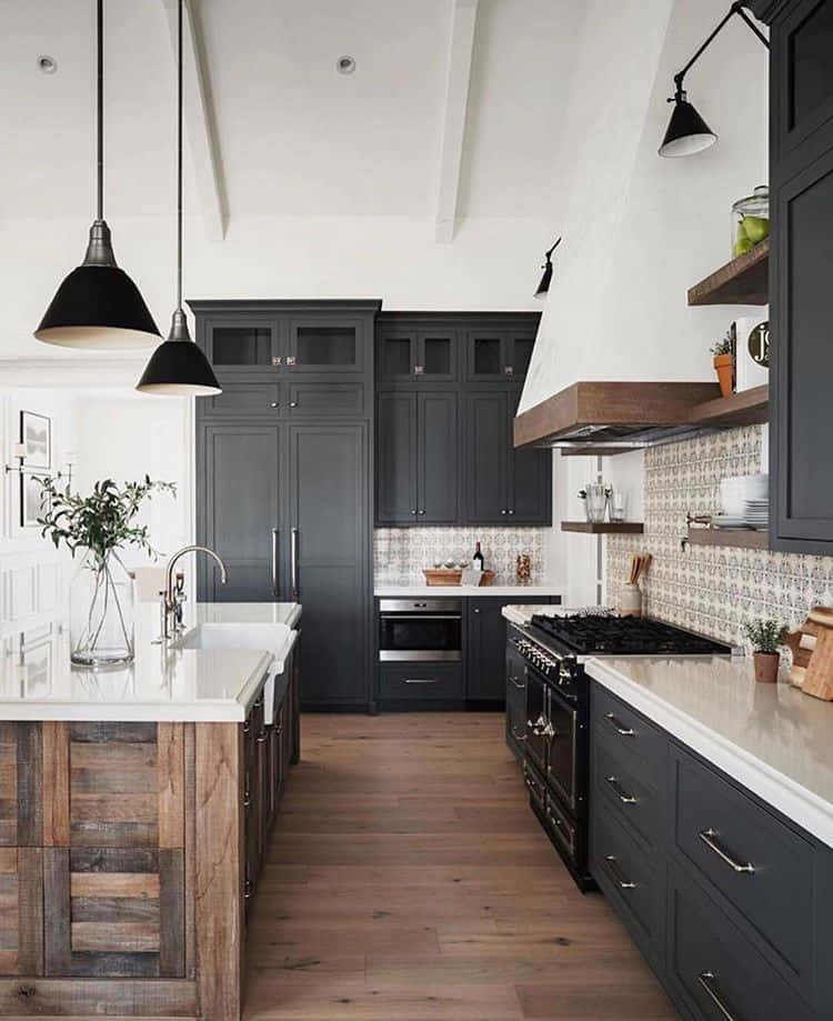 modern kitchen, dark gray cabinets, white countertops, SD Phone Wallpaper