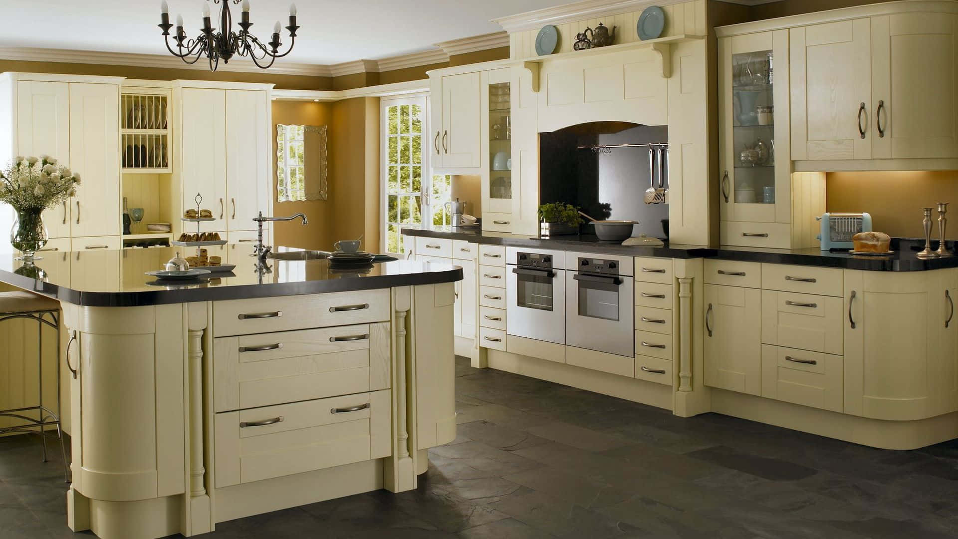 modern kitchen, cream cabinets, black countertops, Full HD Desktop Wallpaper