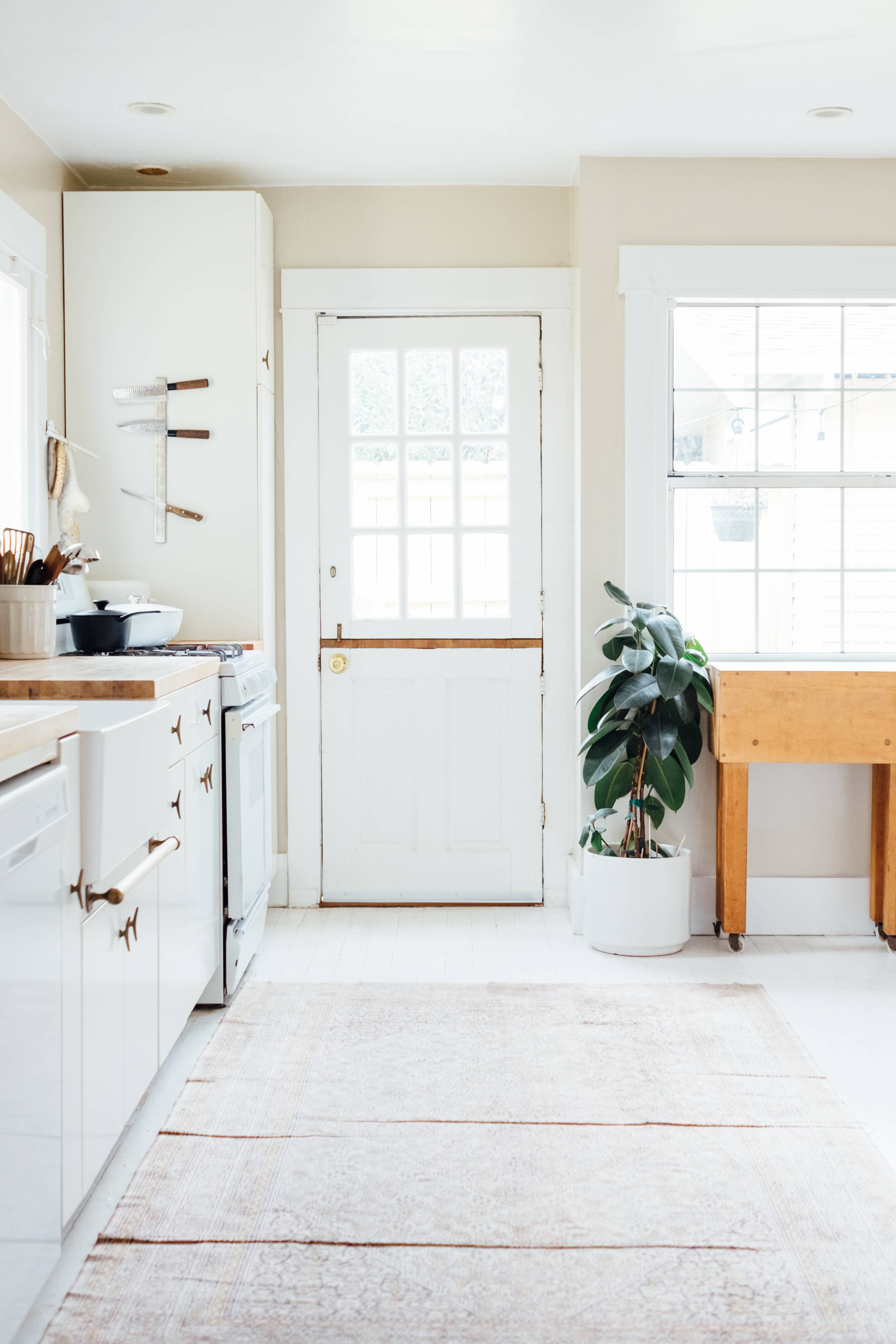 all white home kitchen, white cabinets, wooden countertops, 4K Phone Wallpaper