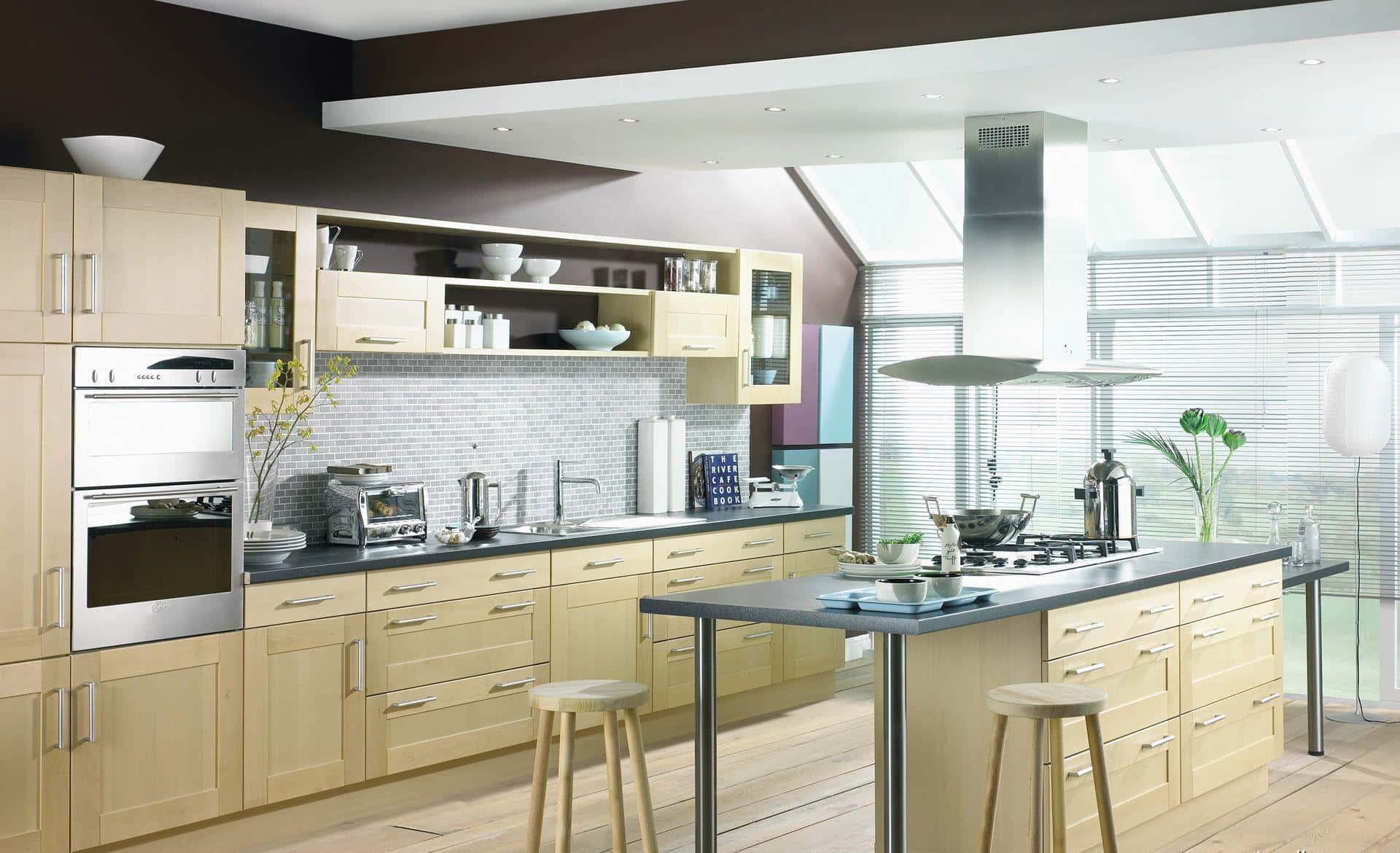 modern kitchen, light wood cabinets, dark countertops, Full HD Desktop Wallpaper