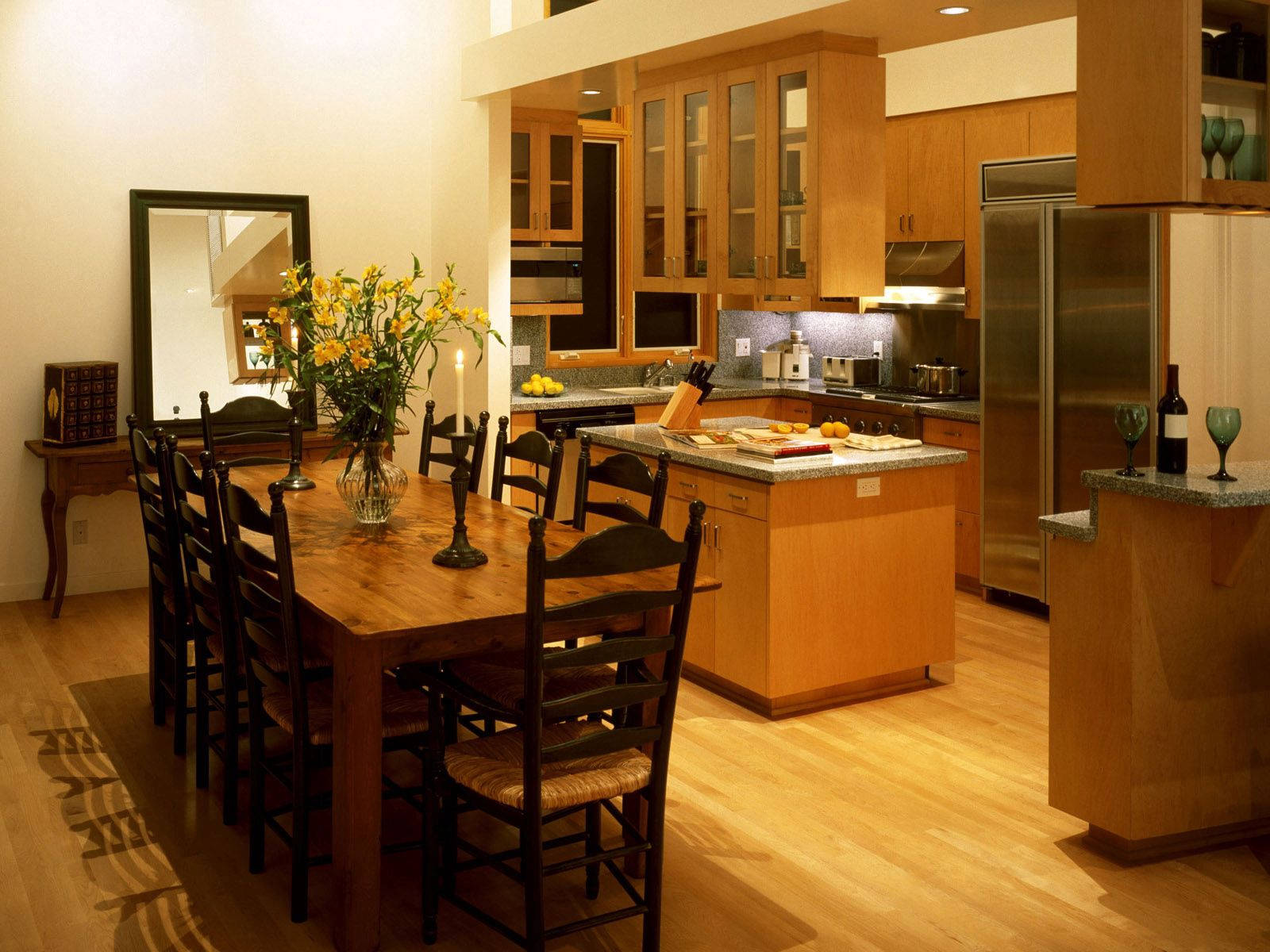 dining table, kitchen, warm wooden, HD Desktop Wallpaper