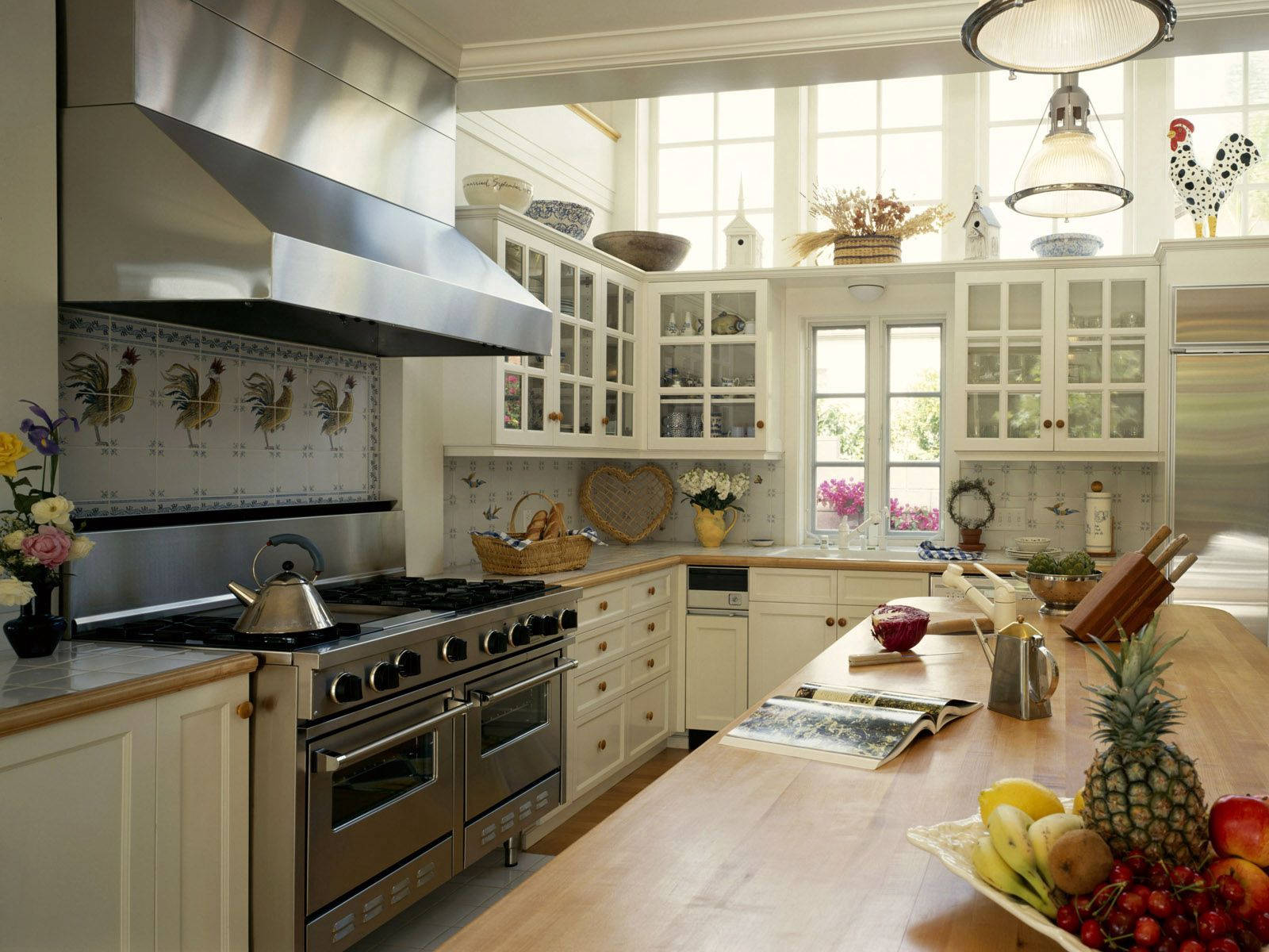 white cabinets, stainless steel appliances, wooden island, HD Desktop Wallpaper