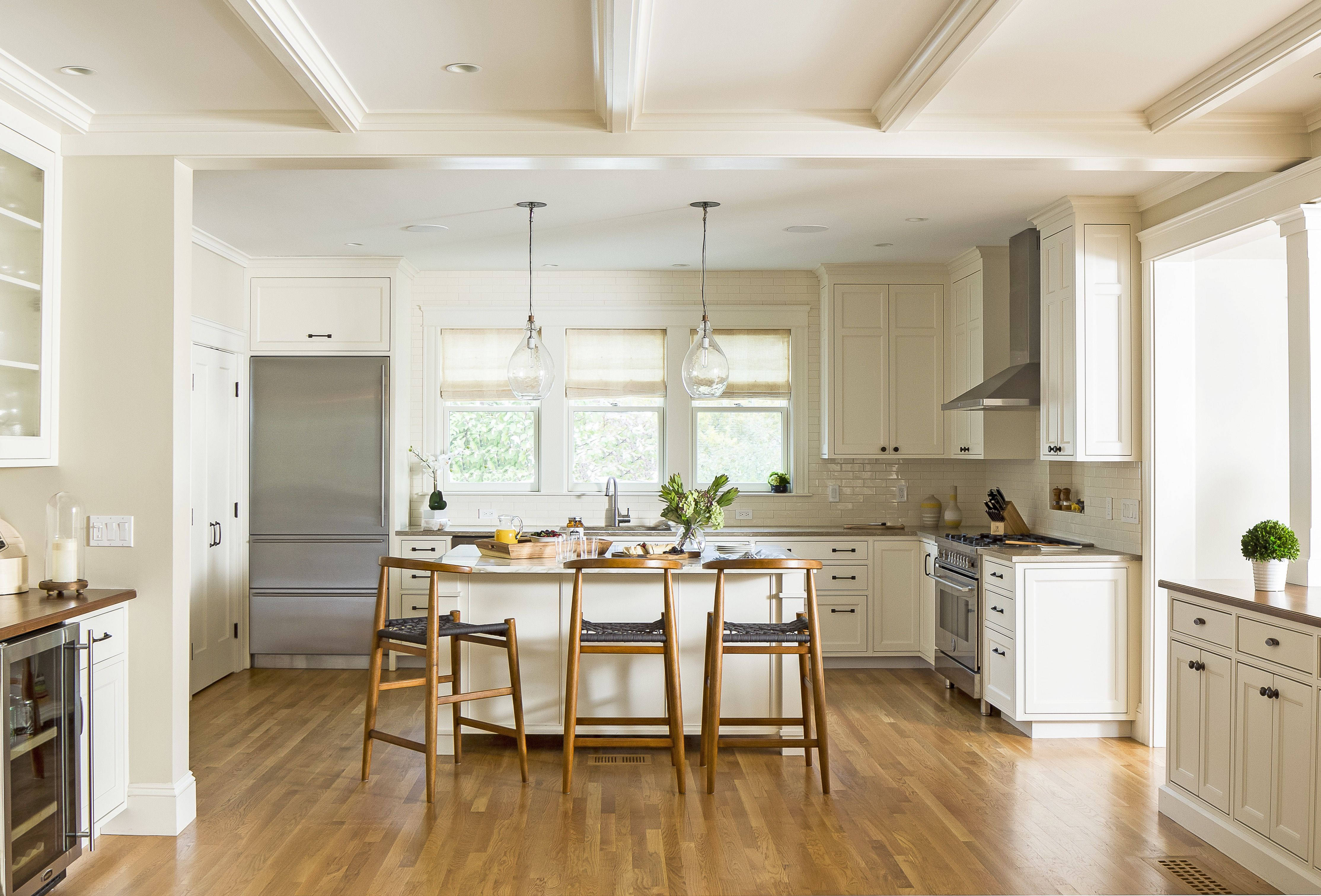 bright white kitchen background, white cabinetry, wooden floors, 4K Desktop Wallpaper