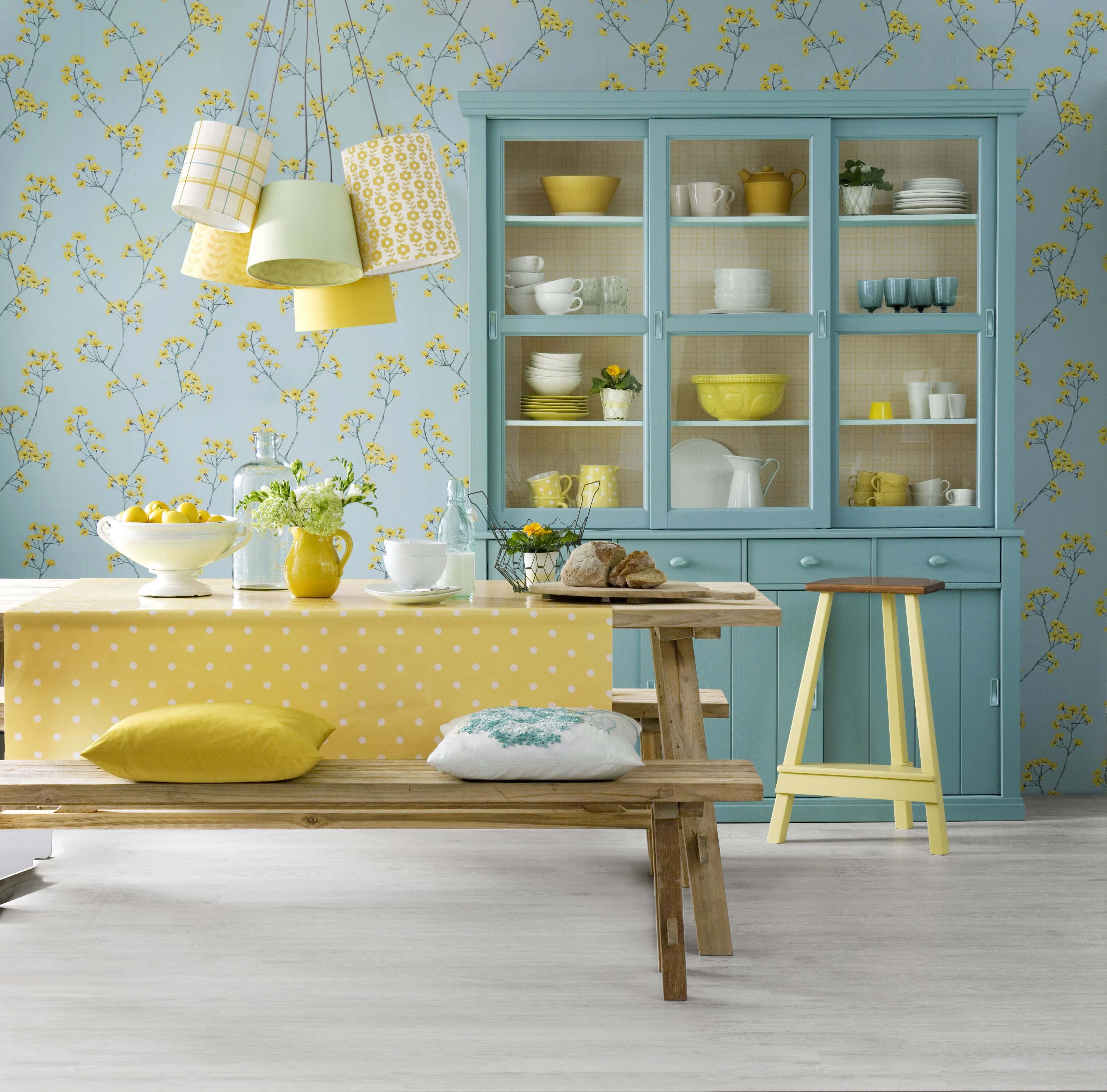 yellow floral wallpaper, blue cabinets, wooden table, 4K Desktop Wallpaper