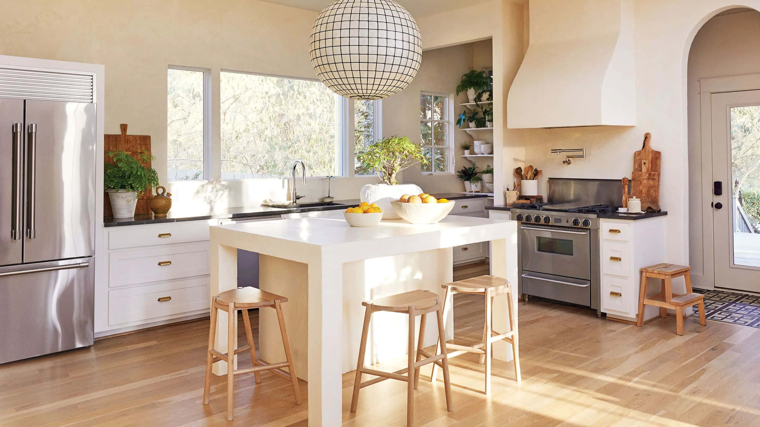 sunny modern kitchen, white island stools, stainless steel appliances, 2K Desktop Wallpaper