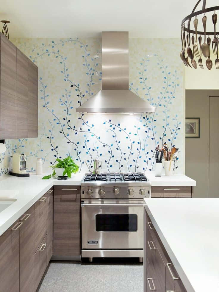 Modern Kitchen, stainless steel stove, floral wallpaper, SD Phone Wallpaper