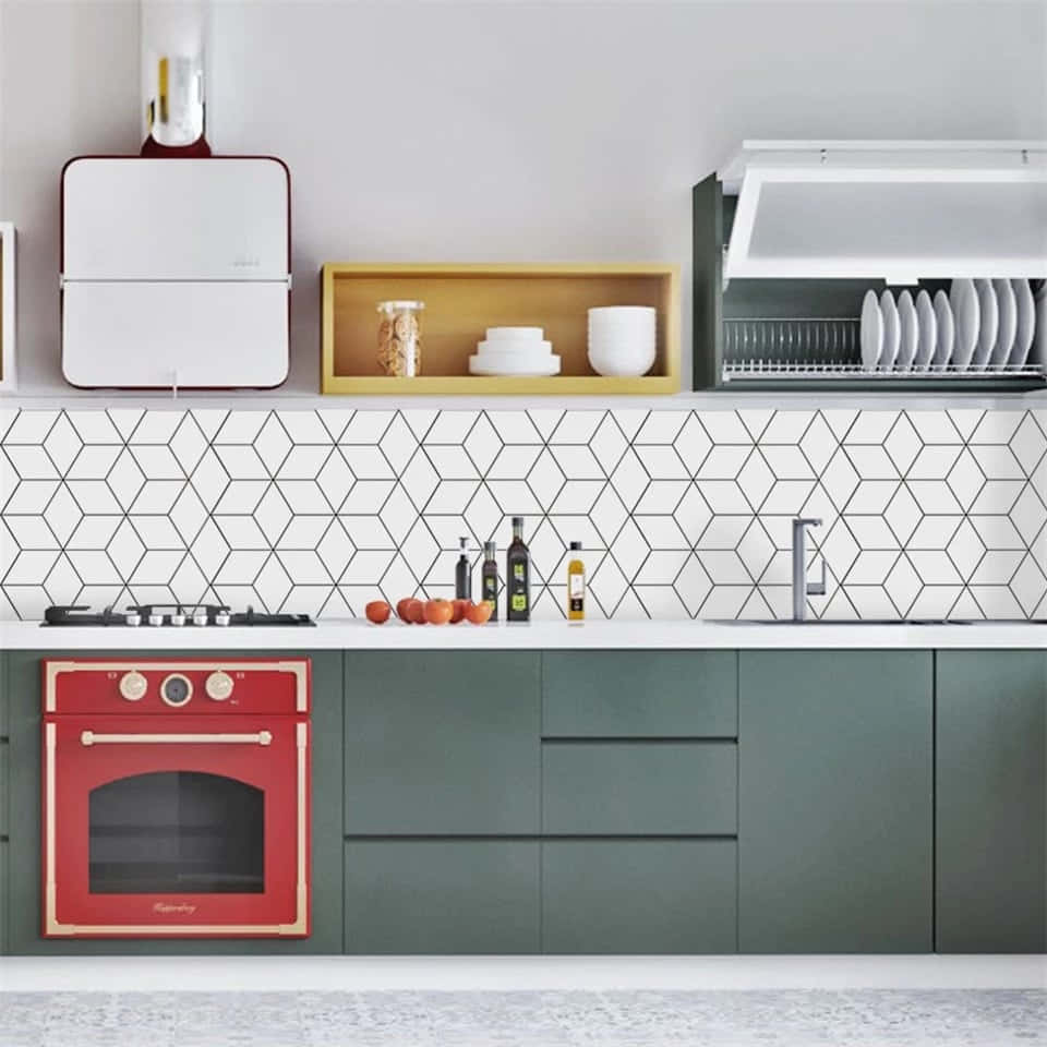 modern kitchen, green cabinets, white geometric tile backsplash, SD Desktop Wallpaper