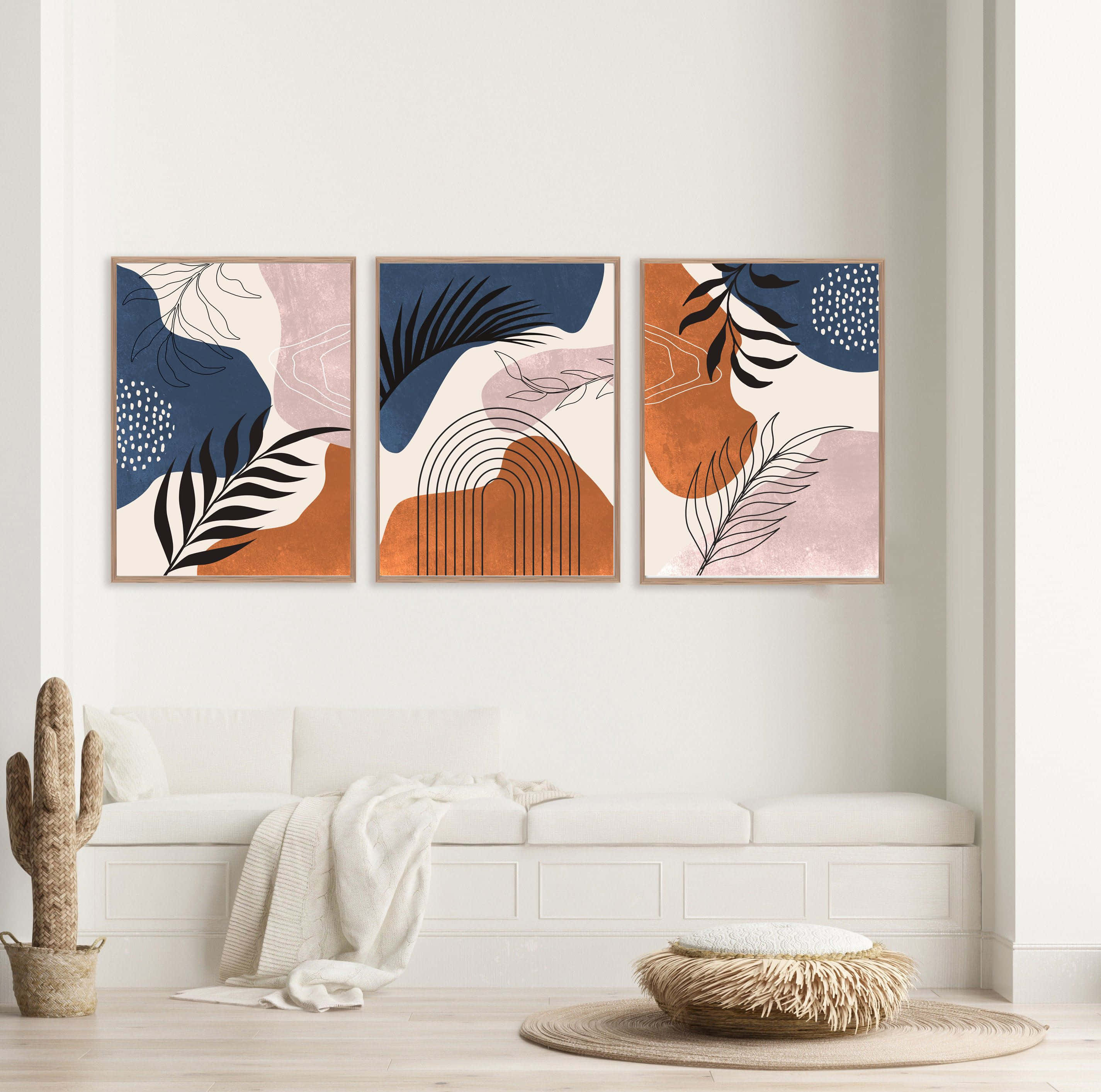 abstract modern minimalist art, blue orange and pink, leaf and arch motifs, 2K Desktop Wallpaper