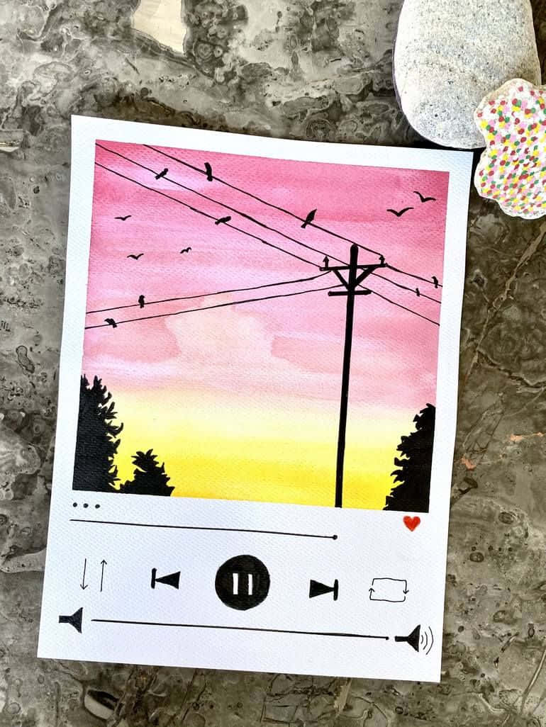 modern minimalist art, pink and yellow sunset, power lines, SD Phone Wallpaper