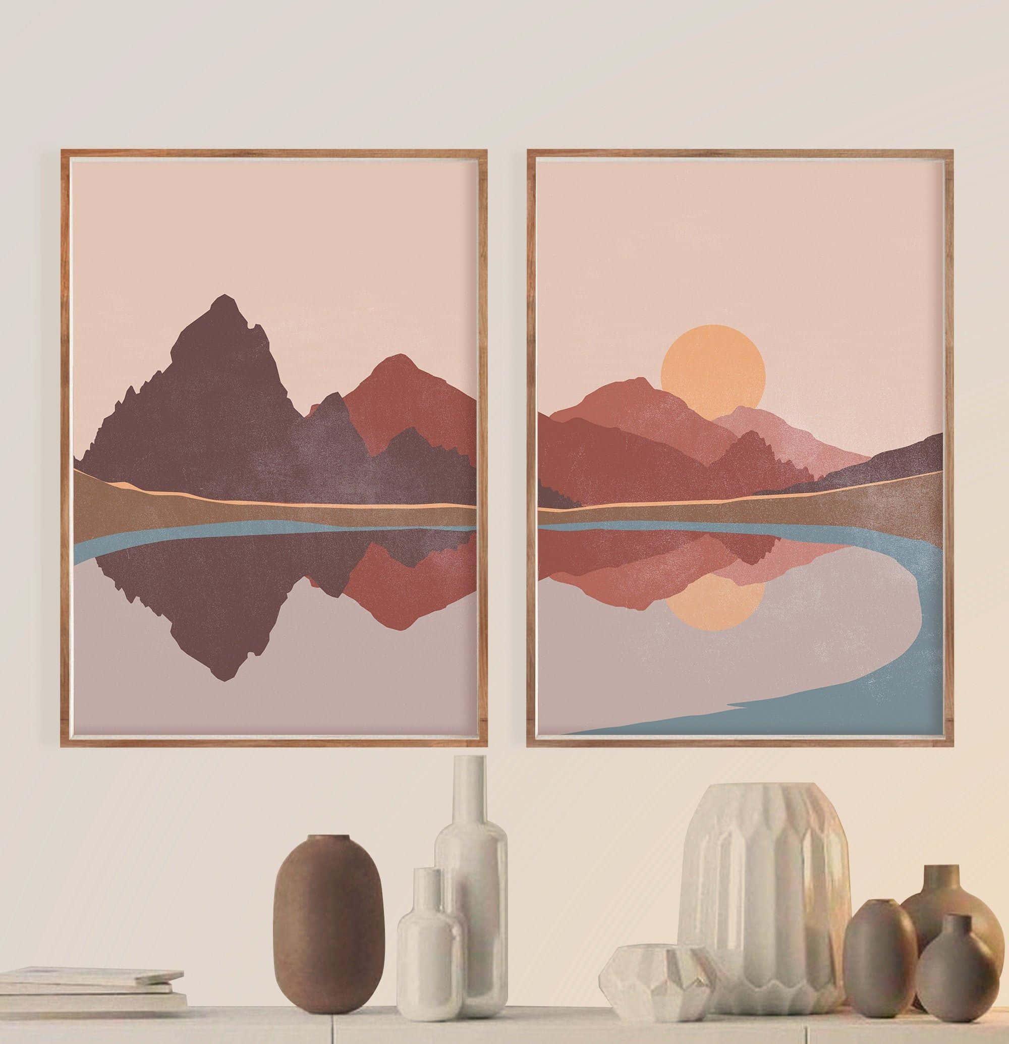 modern minimalist art, pink sunset hues, framed minimalist mountain art prints, Full HD Phone Wallpaper
