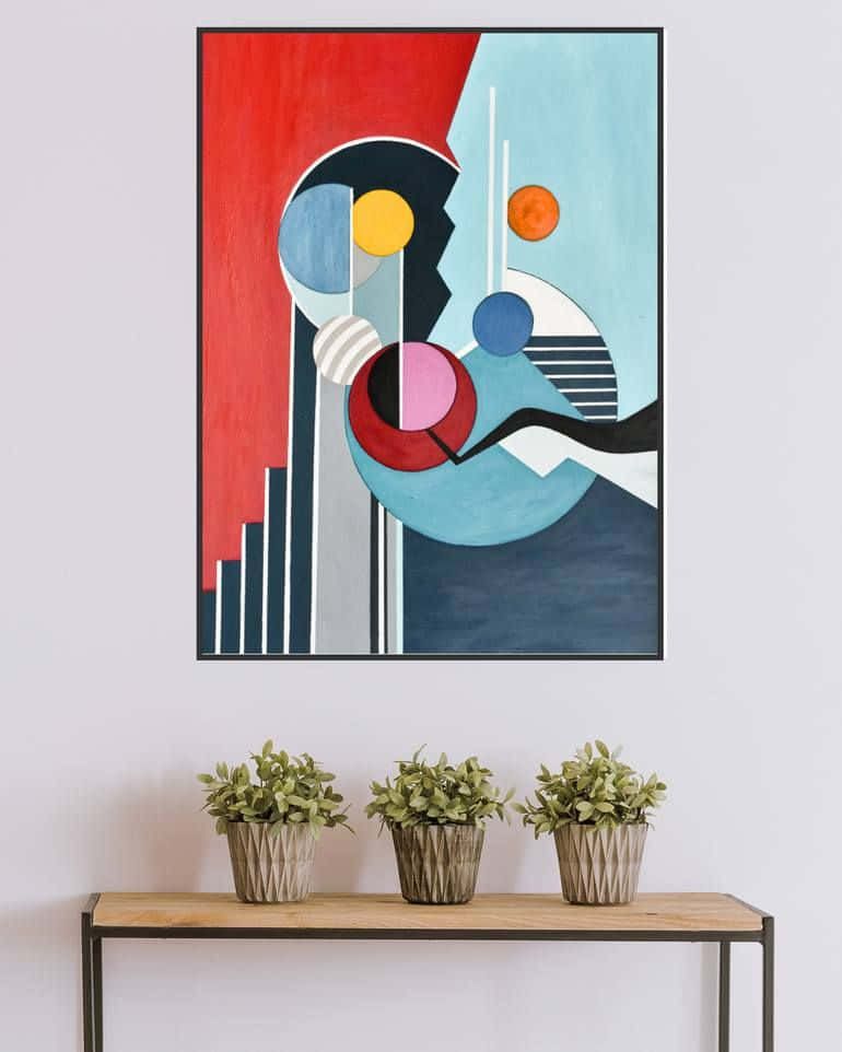 Modern Minimalist Art, bold red blue and yellow shapes, wooden console, SD Phone Wallpaper