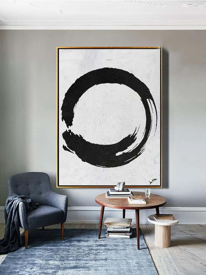minimalist living room, large framed abstract black brushstroke circle, gray wall, SD Phone Wallpaper