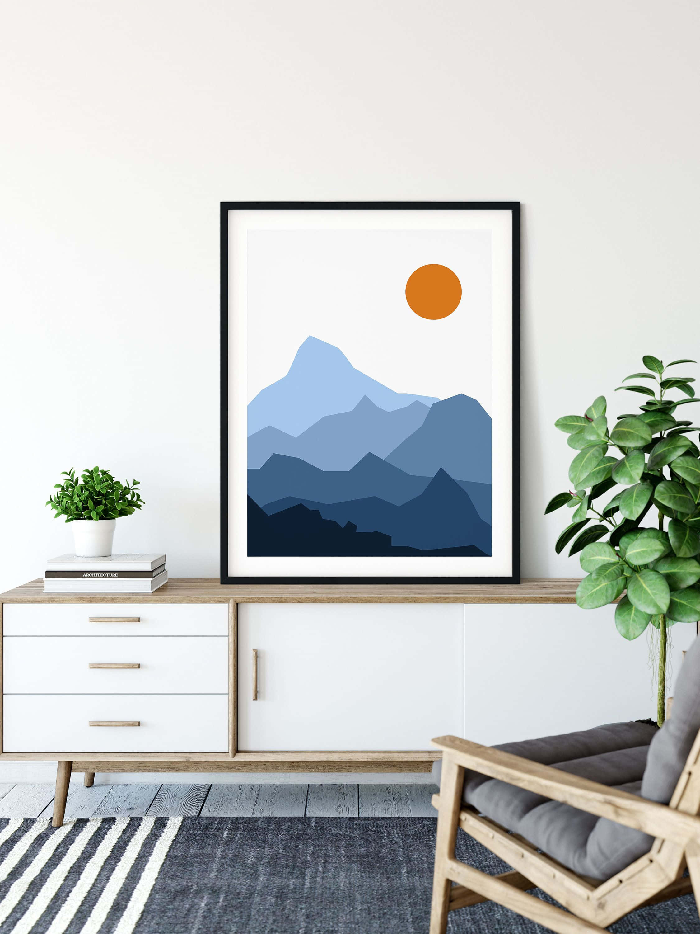 Modern Minimalist Art, abstract geometric shapes, layered blue peaks, 2K Phone Wallpaper