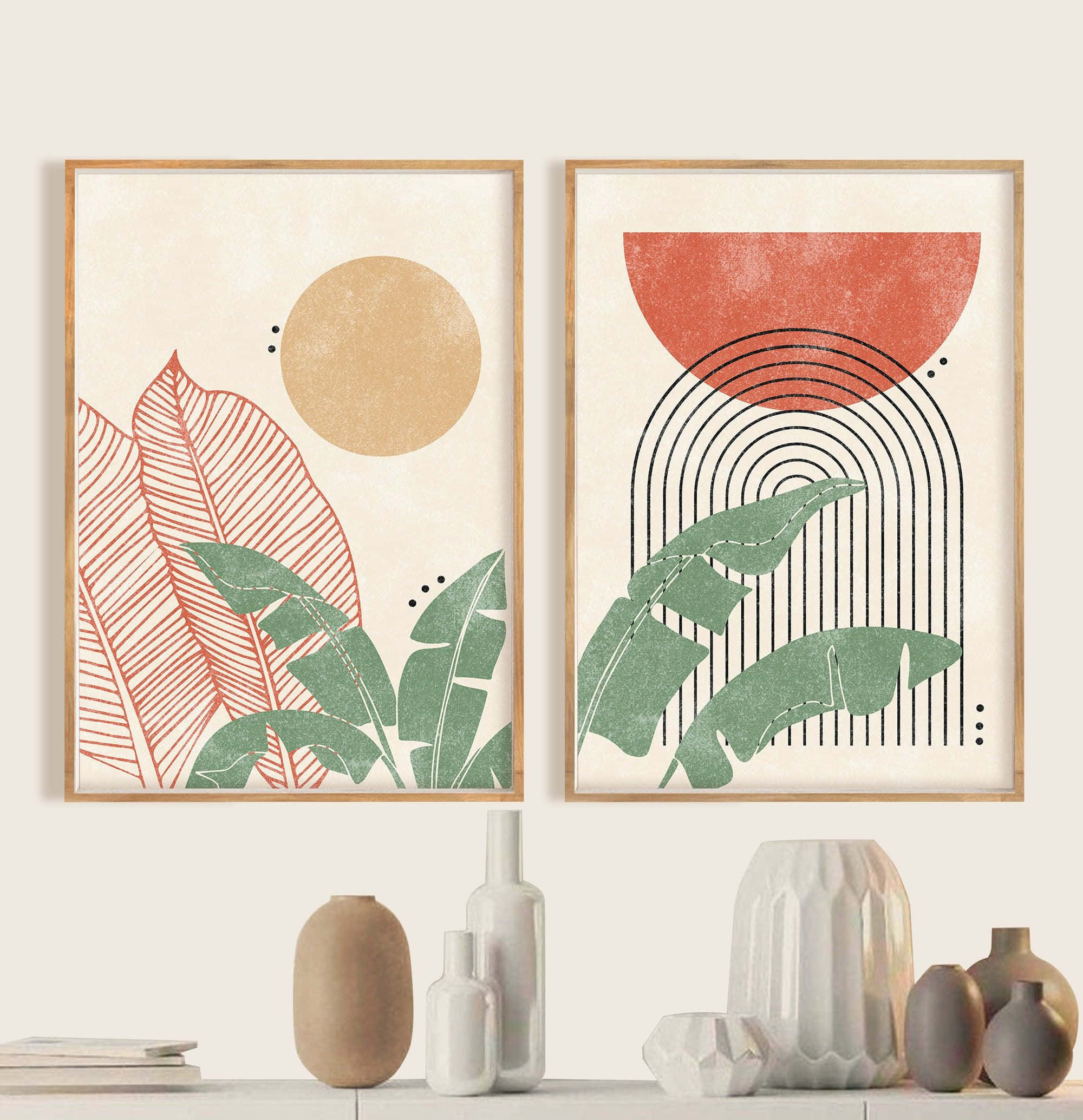 Modern Minimalist Art, geometric suns, banana leaves, Full HD Phone Wallpaper