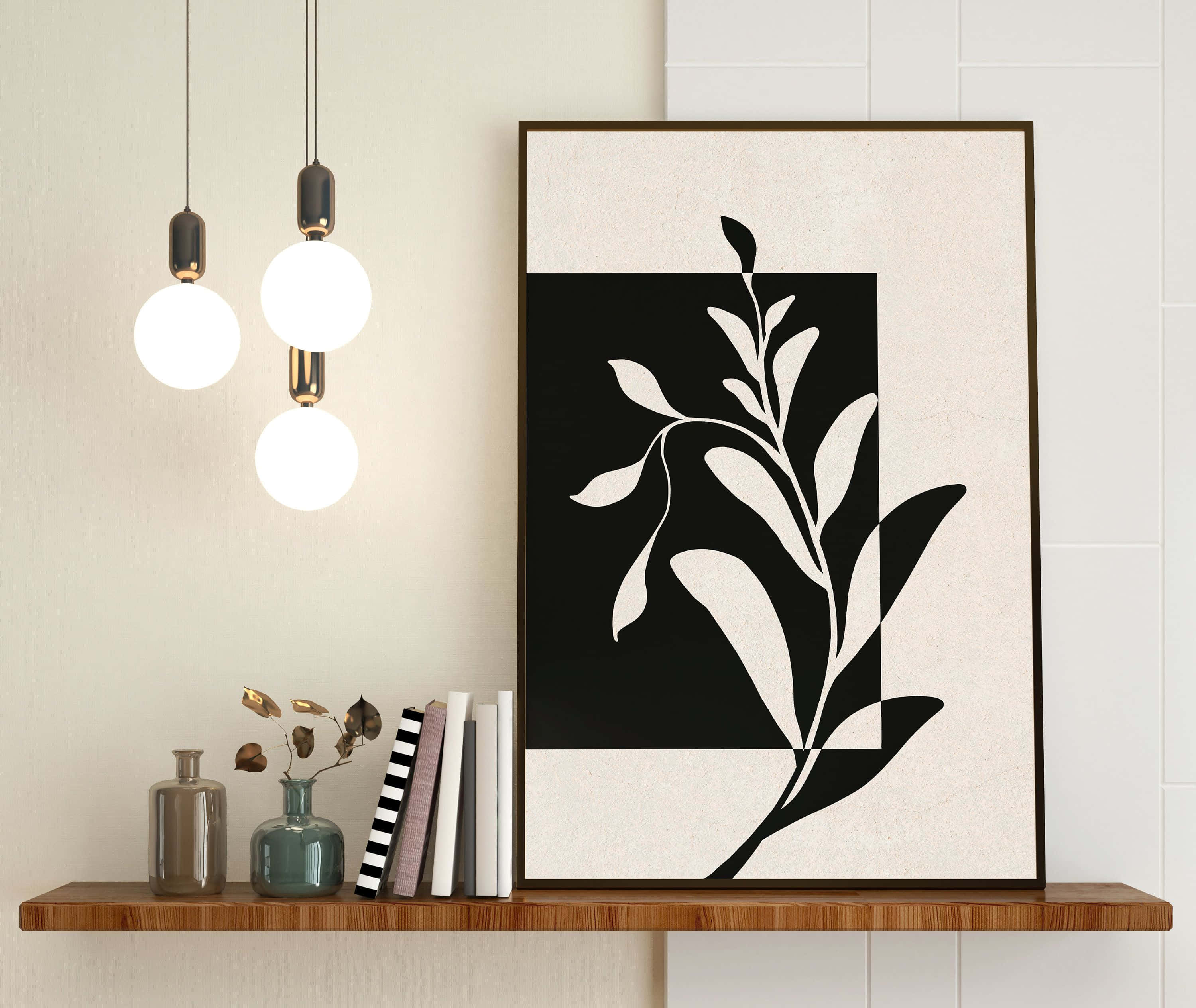 minimalist black and white botanical print, stylized leafy branch, wooden shelf, 2K Desktop Wallpaper
