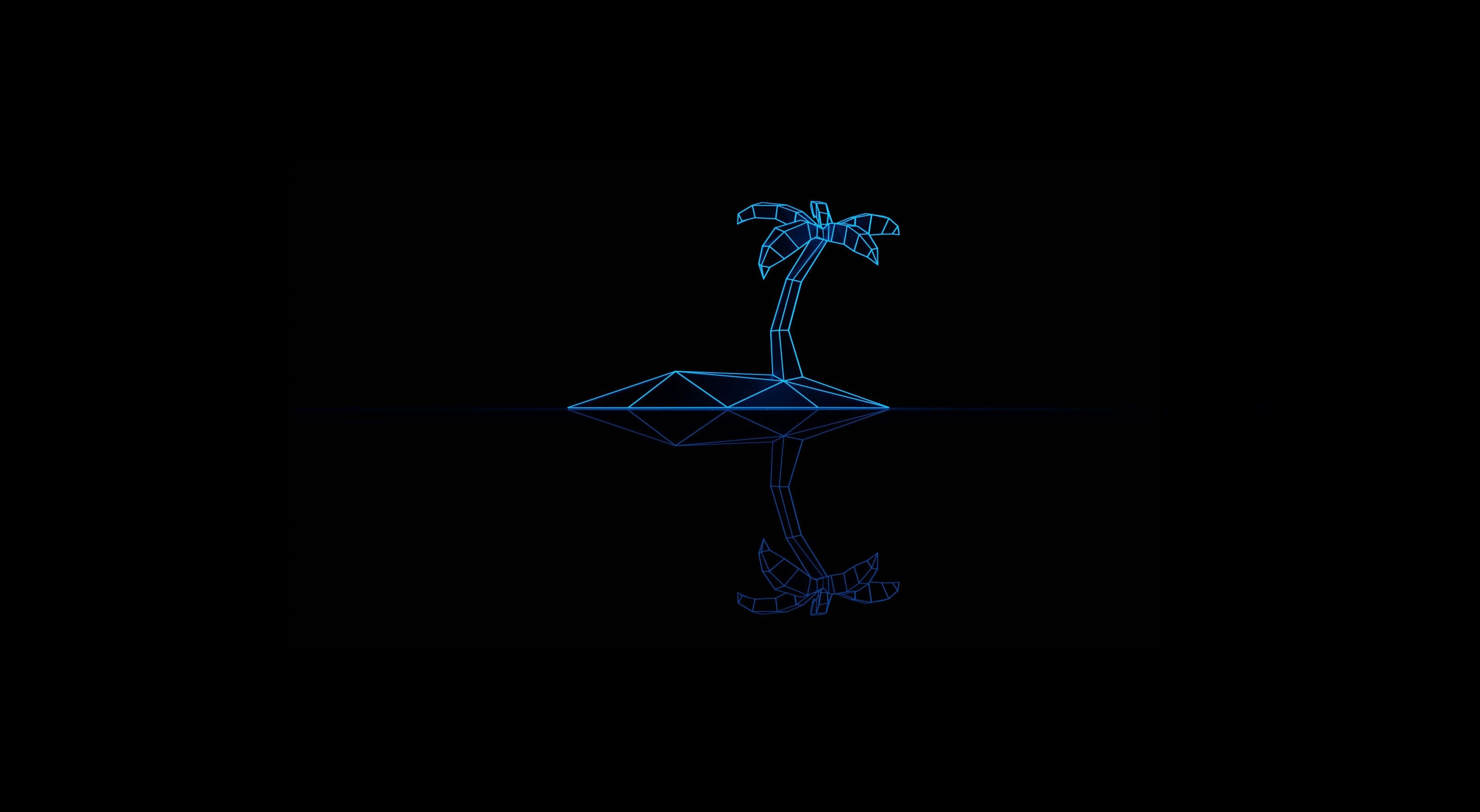glowing blue wireframe palm tree, geometric island, darkness, 2K Desktop Wallpaper