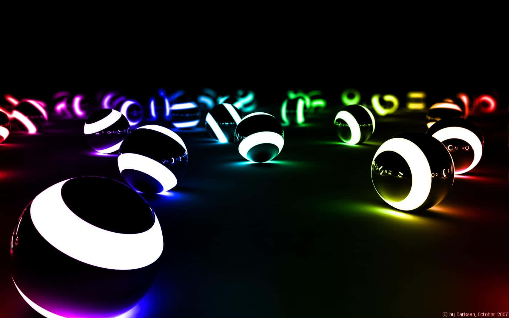 neon lit geometric elegance, glowing black spheres, white bands, HD Desktop Wallpaper