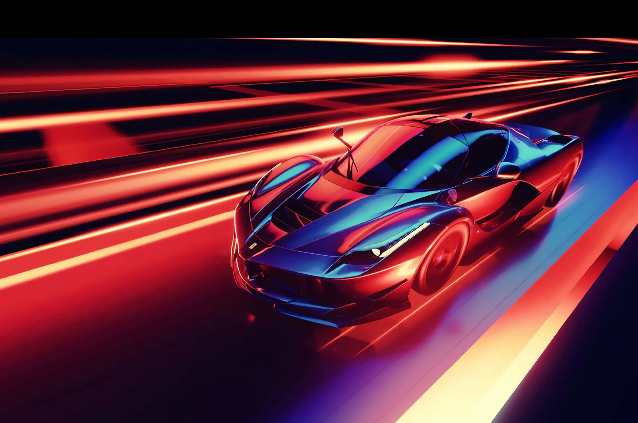 futuristic sports car, neon streaks of red and blue light, high-speed digital tunnel, 2K Desktop Wallpaper