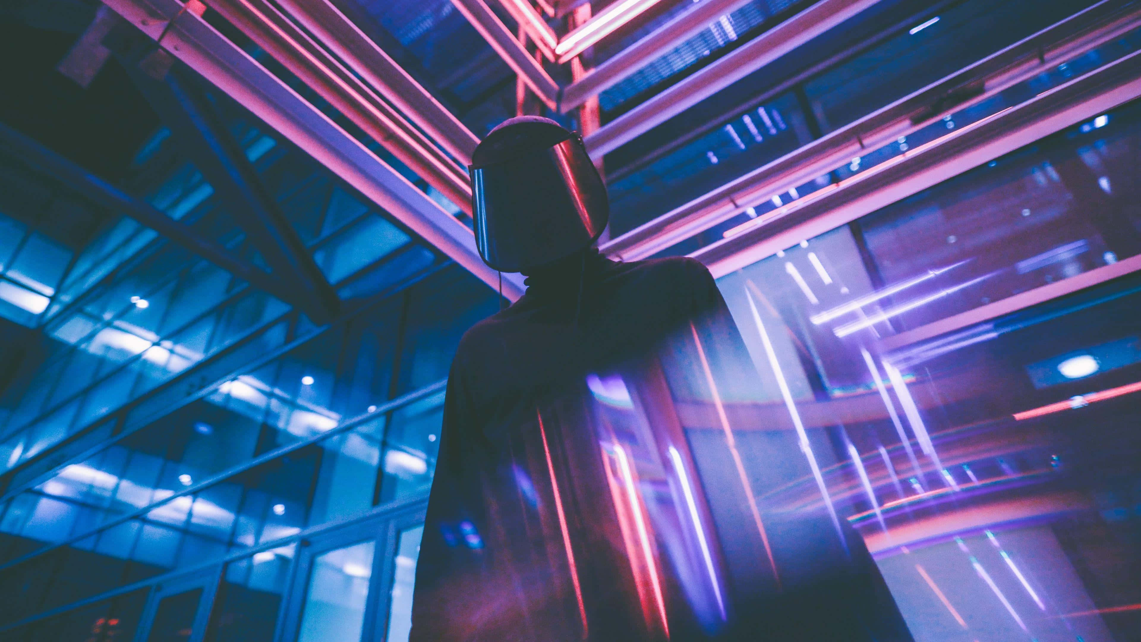 neon blue, neon pink, futuristic urban space, 4K Desktop Wallpaper