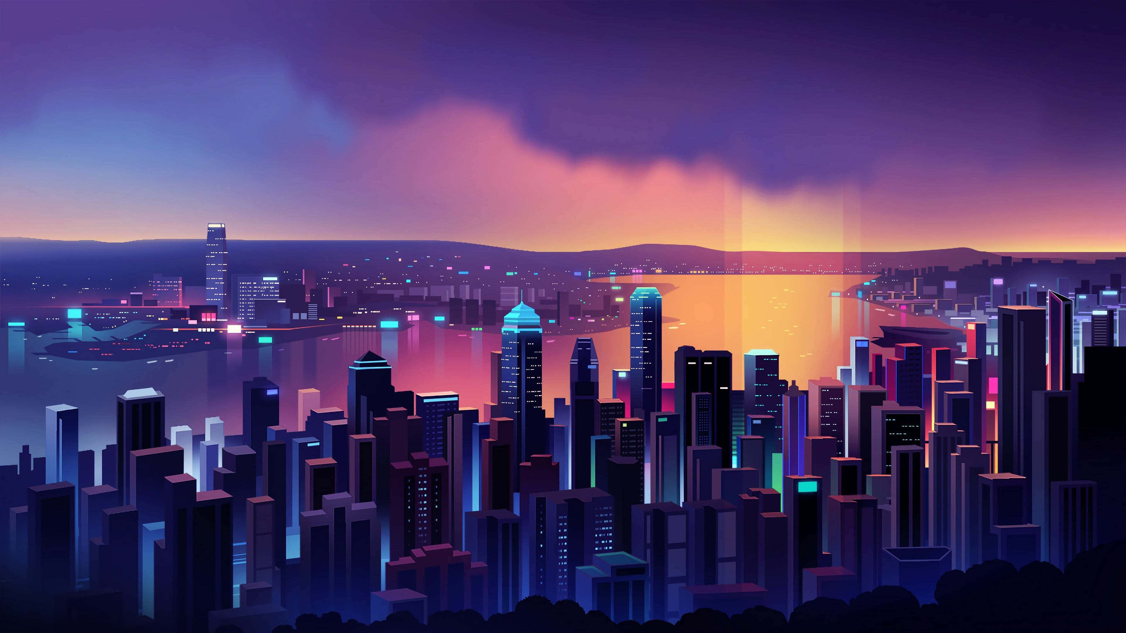 futuristic city skyline, neon lights, water, 4K Desktop Wallpaper