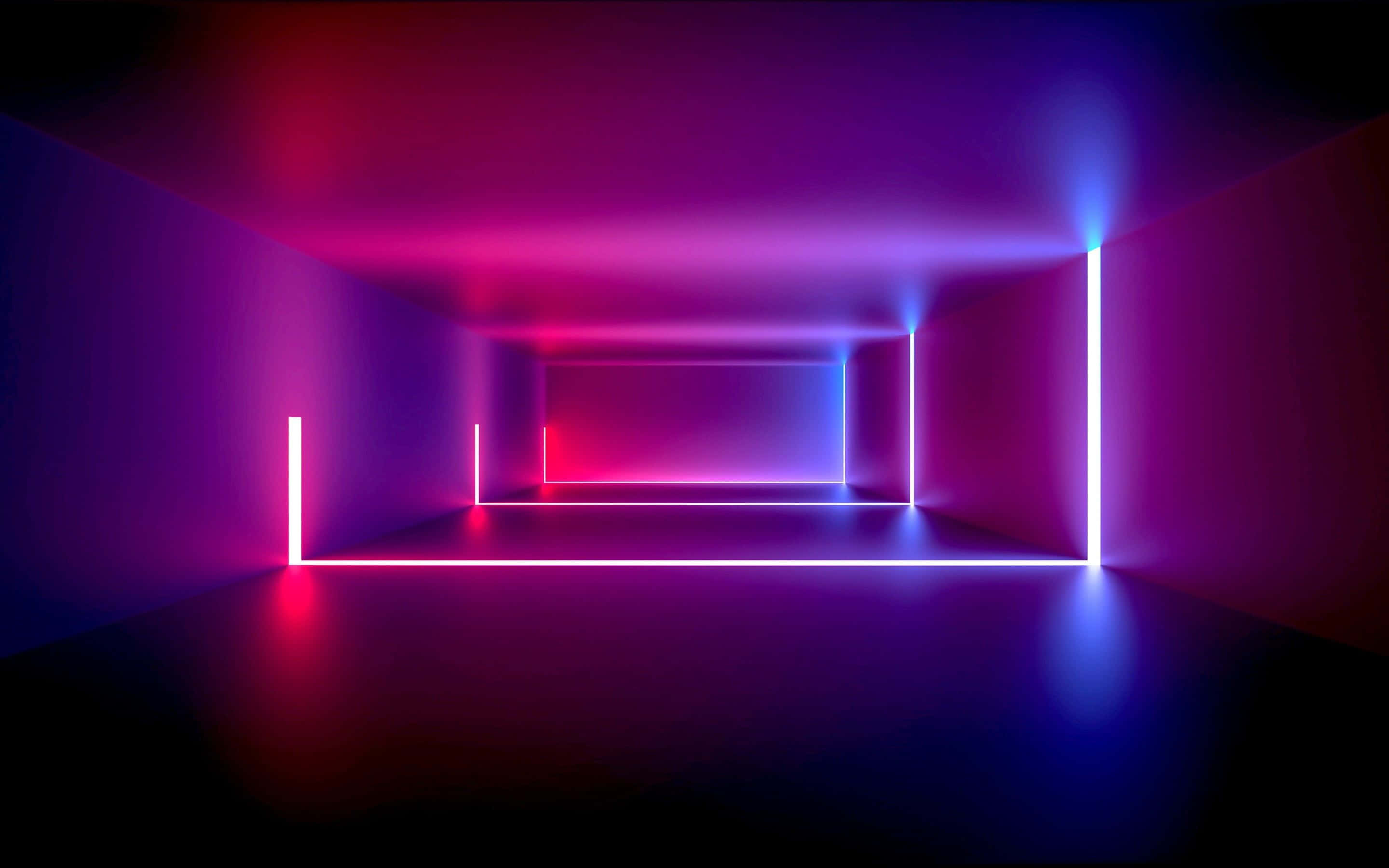 neon-lit corridor, glowing pink and blue lines, receding into darkness, 2K Desktop Wallpaper