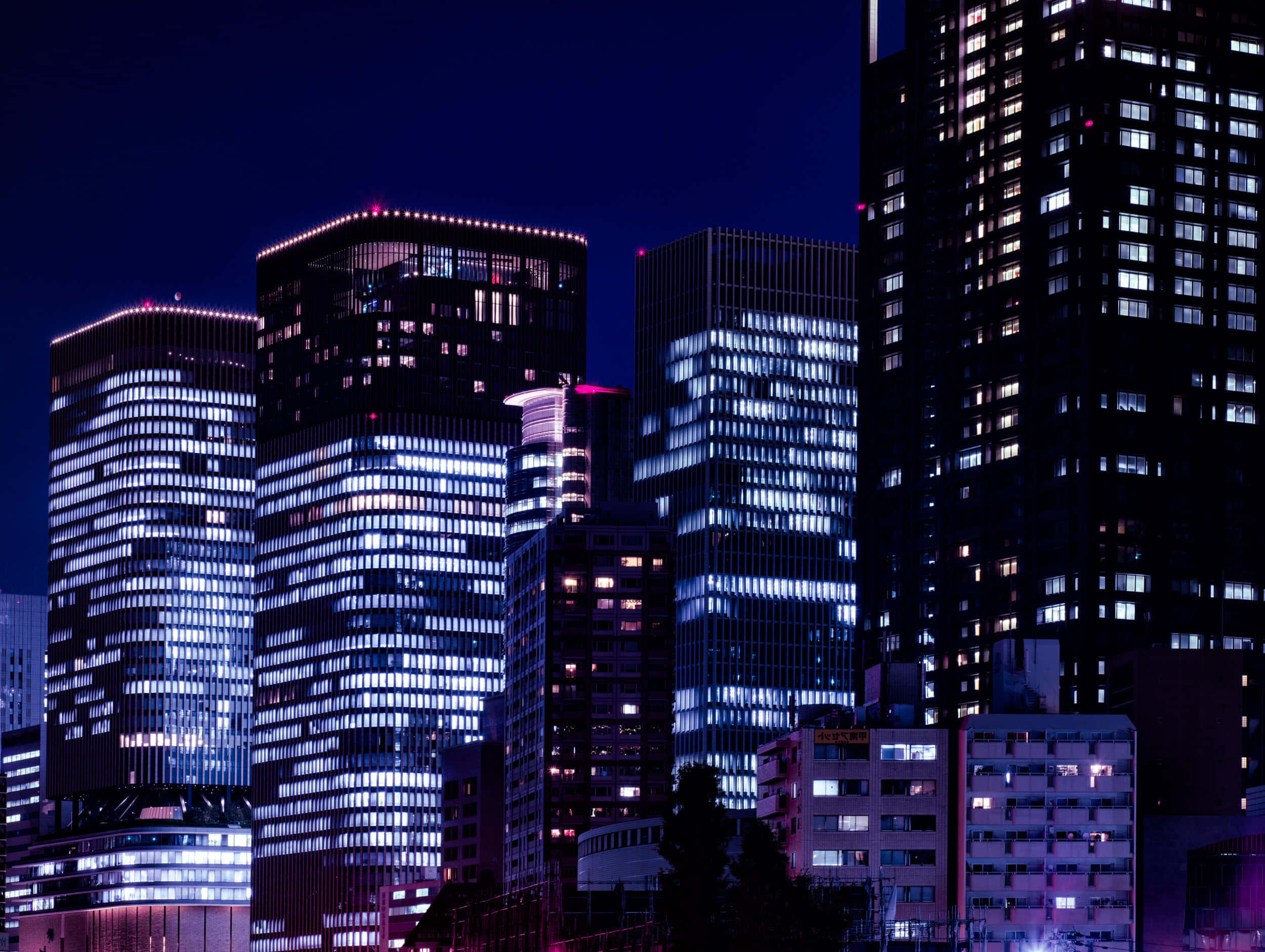 Neon Night Cityscape, blue and white lights, deep night sky, Full HD Desktop Wallpaper