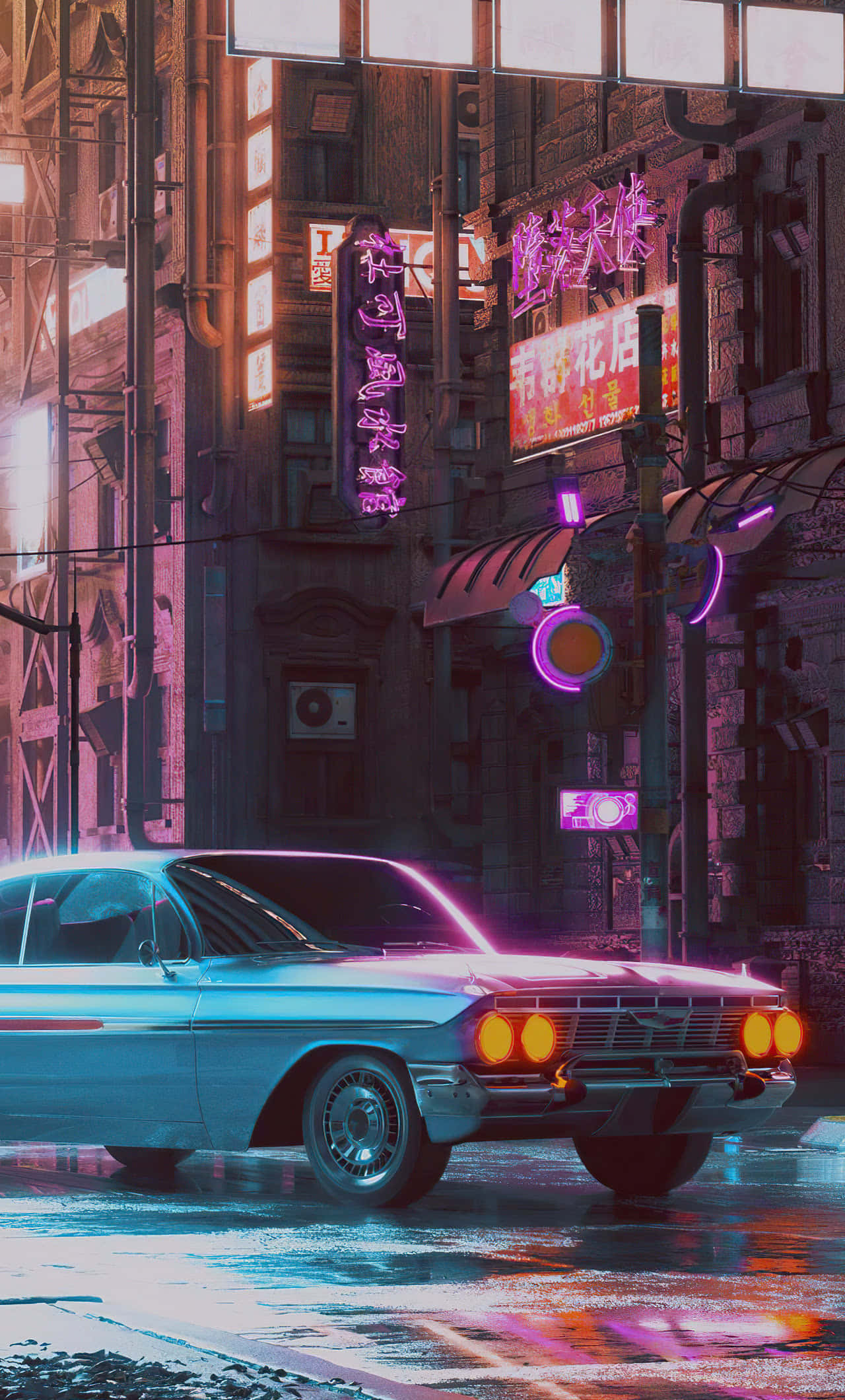 neon-drenched, rain-soaked cyberpunk street, glowing signs, Full HD Phone Wallpaper