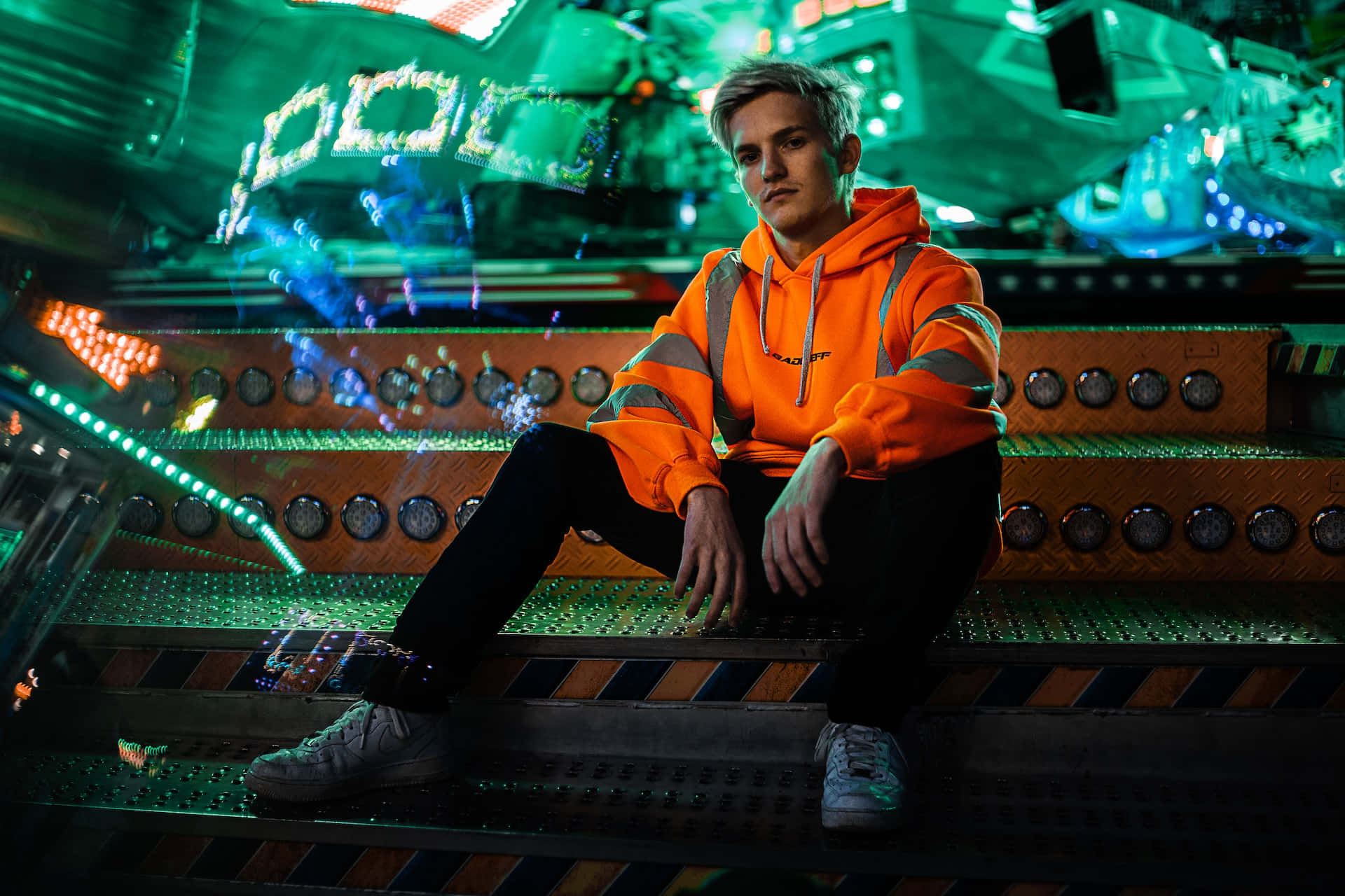 orange hoodie, neon green lights, neon blue lights, Full HD Desktop Wallpaper