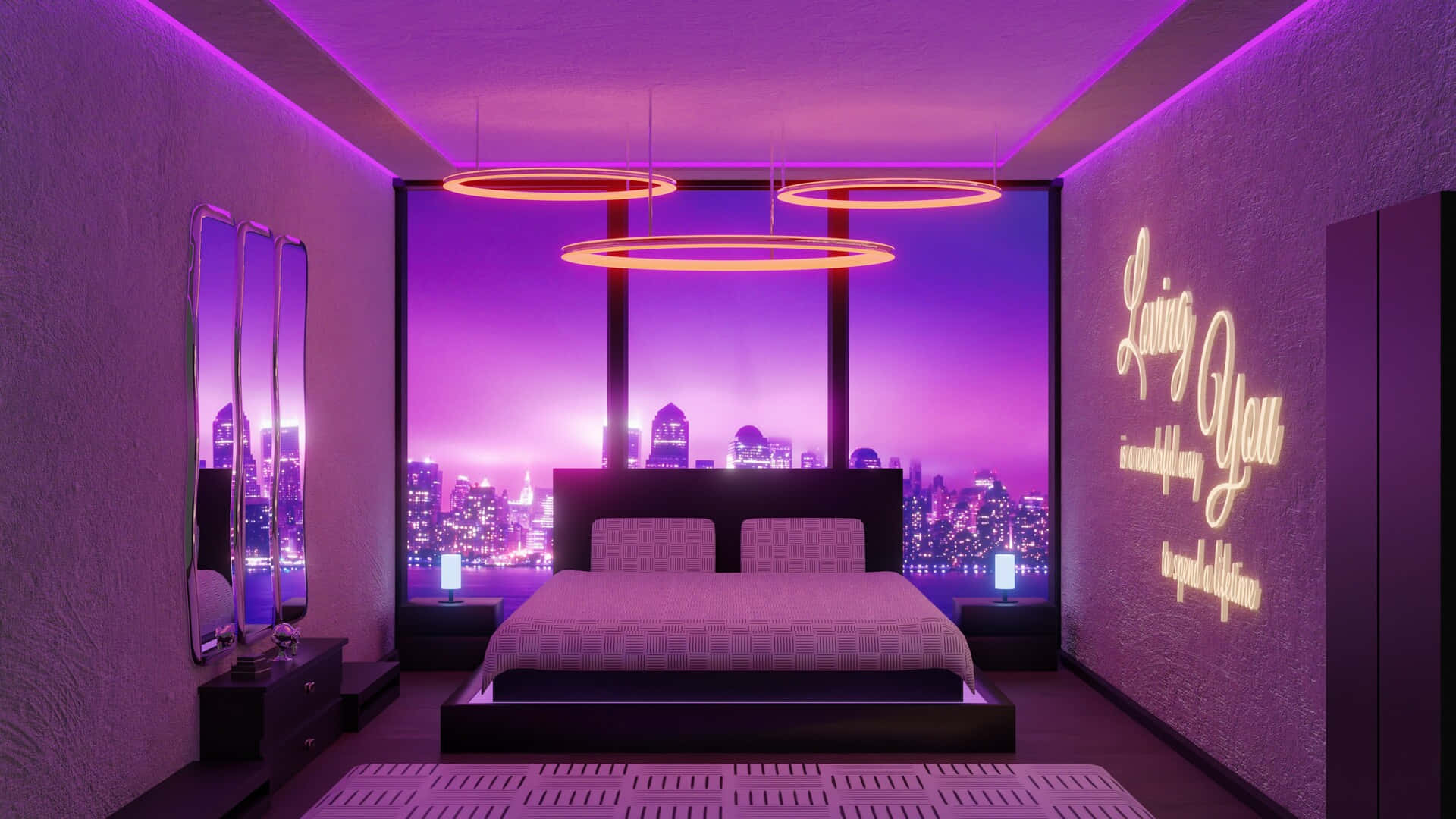 purple neon light, city skyline, floor-to-ceiling windows, Full HD Desktop Wallpaper