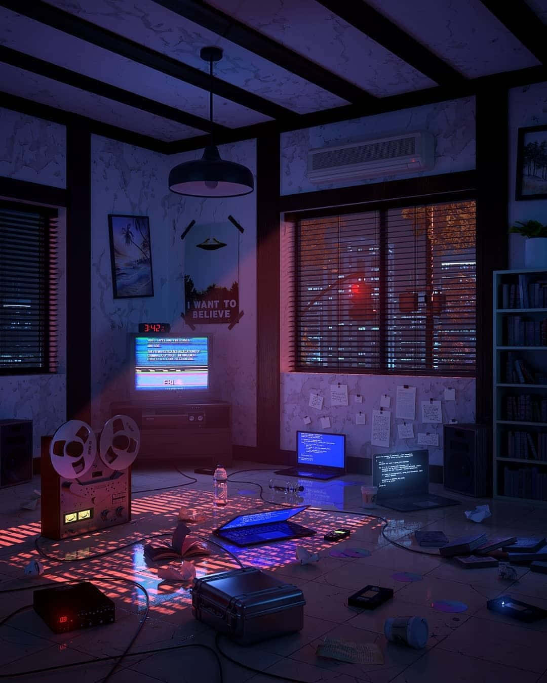 retro-futuristic room, neon purple, neon blue, HD Phone Wallpaper