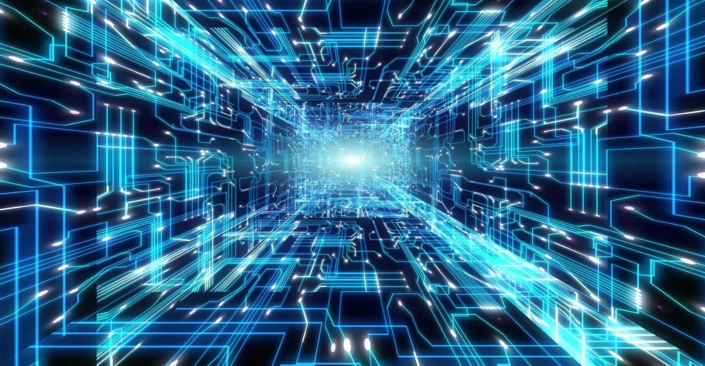 glowing blue circuit board tunnel, bright light at the end, neon cityscape, HD Desktop Wallpaper