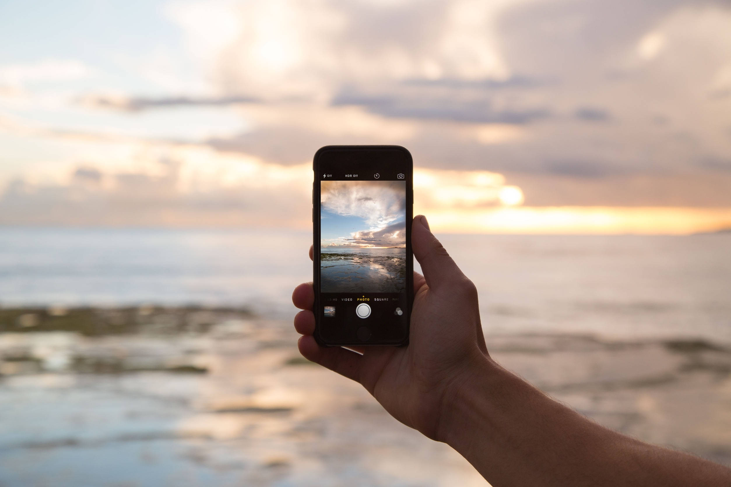 smartphone, serene sunset, ocean, Full HD Desktop Wallpaper