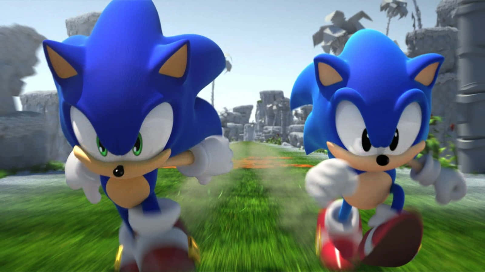 Modern Sonic, blue hedgehogs, grassy ruin, HD Desktop Wallpaper