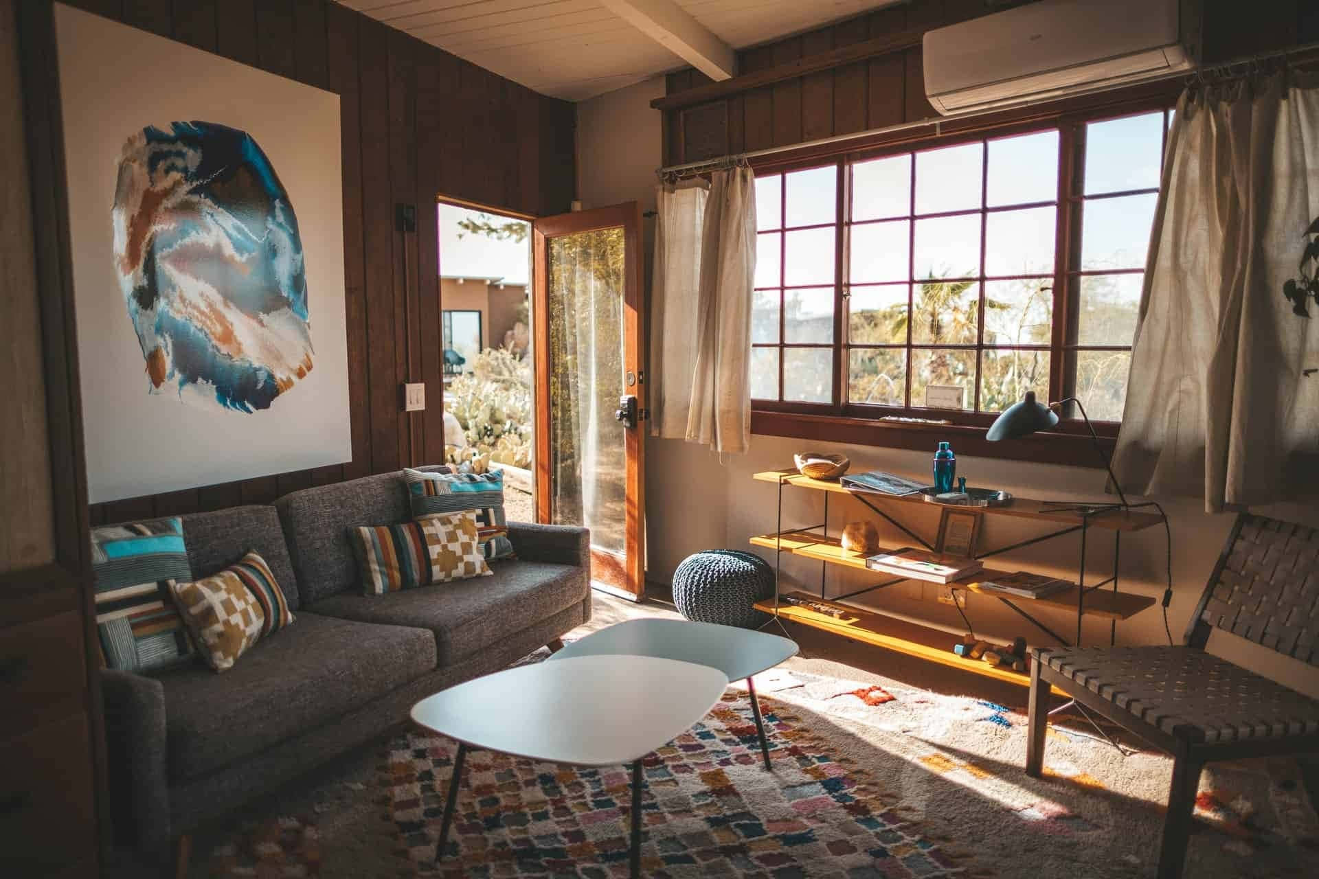 Cozy Sunny Room, golden sunlight, large windows, Full HD Desktop Wallpaper