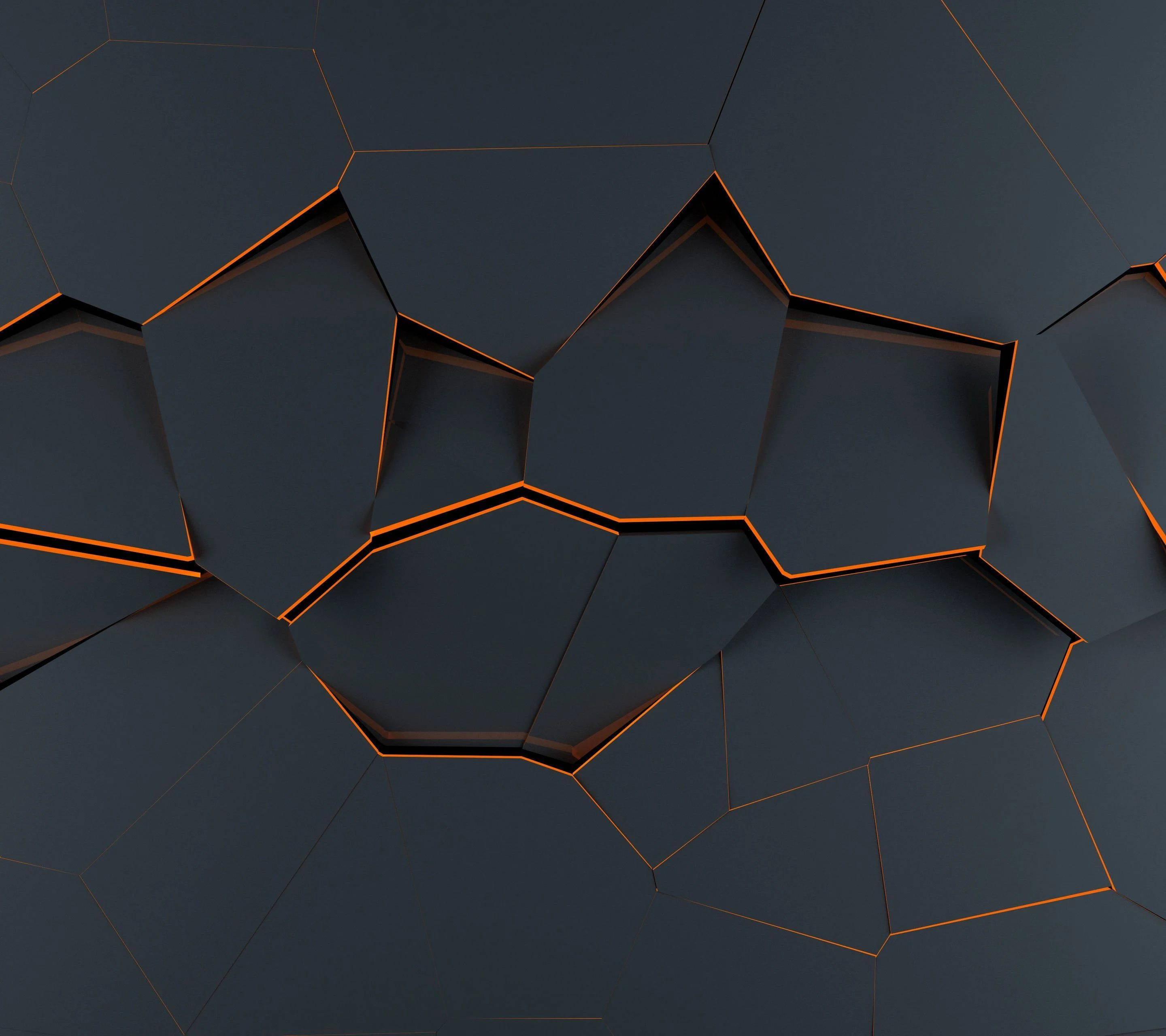 cracked digital art, glowing orange lines, hexagonal facets, 2K Desktop Wallpaper