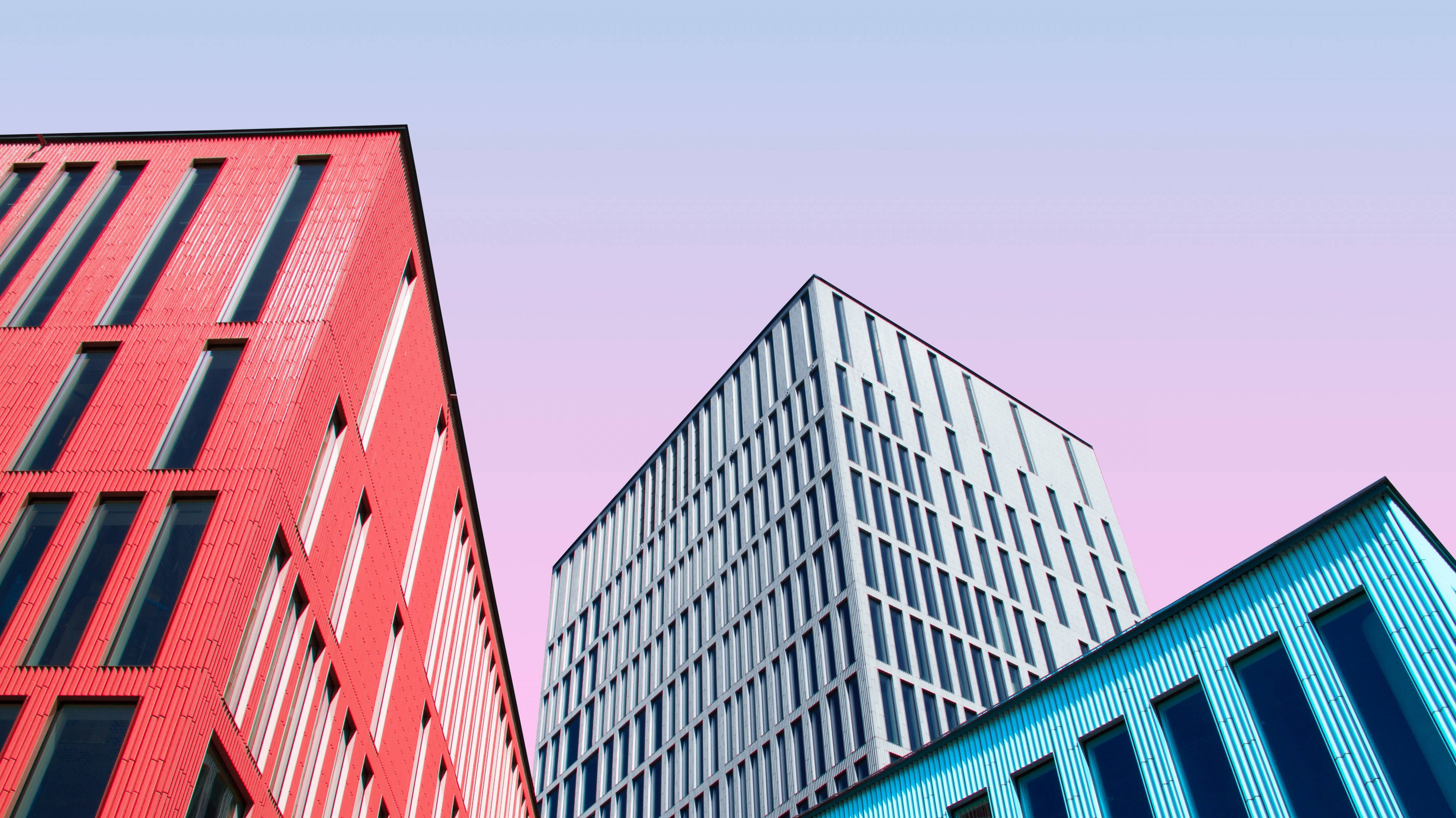 4K, colorful buildings, bold red blue and gray hues, 4K Desktop Wallpaper
