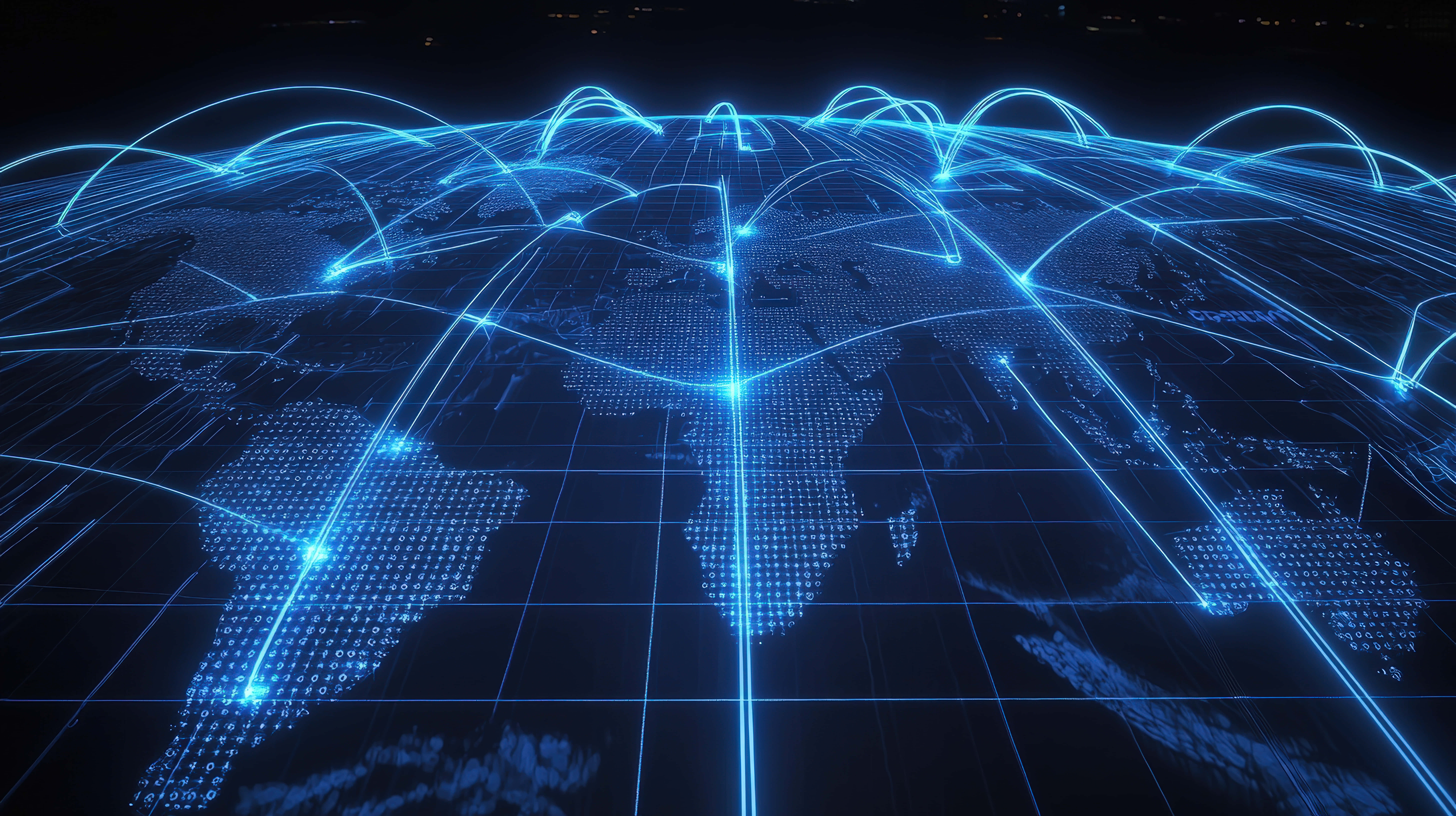 glowing blue digital globe, interconnected data streams, arching across continents, 8K Desktop Wallpaper