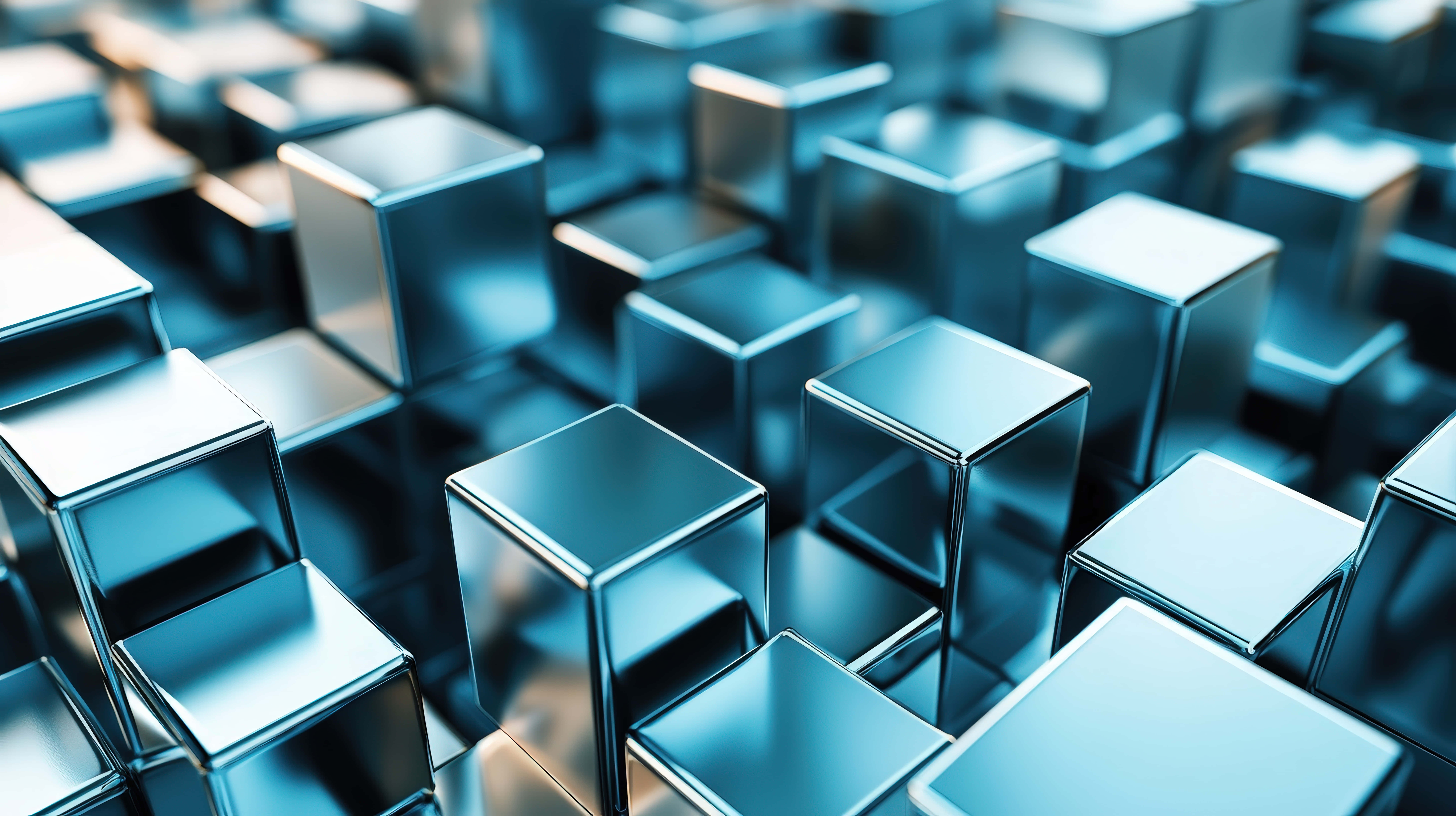 futuristic metallic cubes, reflective chrome cubes, staggered pattern, 8K Desktop Wallpaper