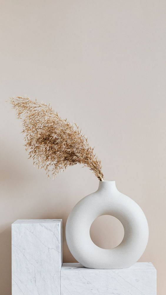 minimalist white ring vase, dried pampas grass, marble blocks, SD Phone Wallpaper