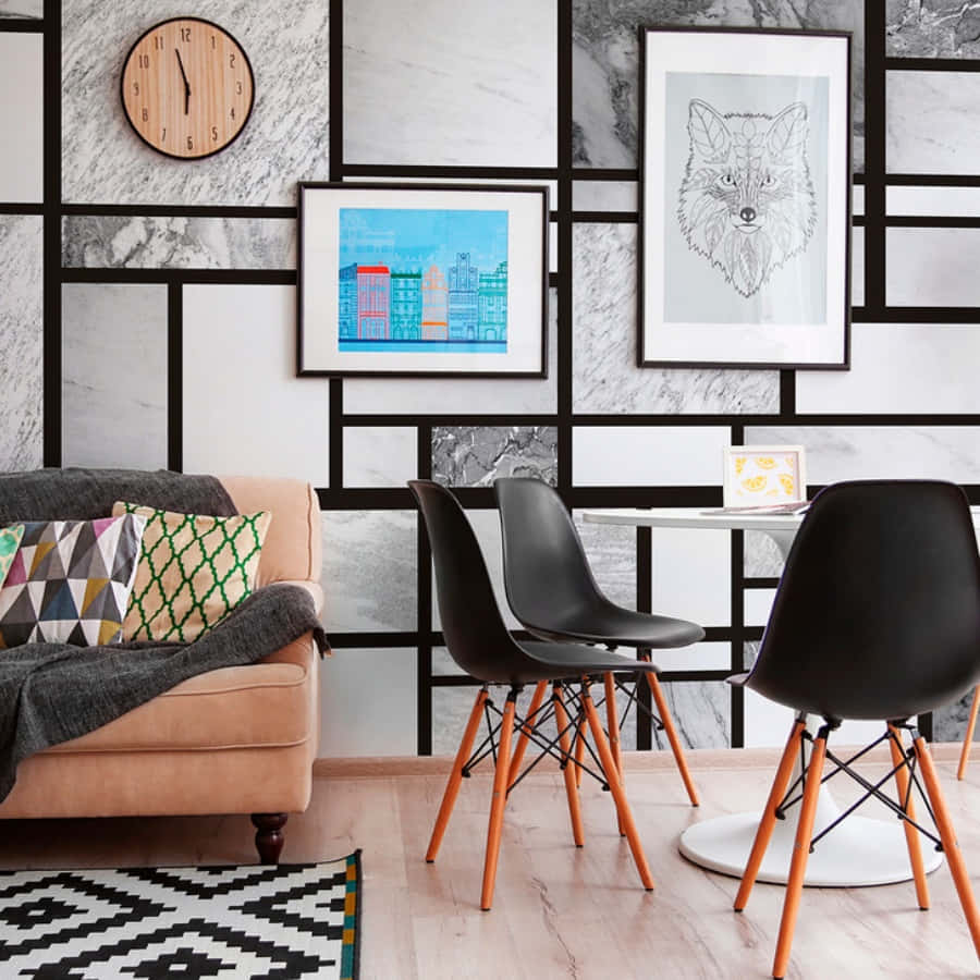 Modernism, marble-patterned wallpaper, black-framed art, SD Desktop Wallpaper