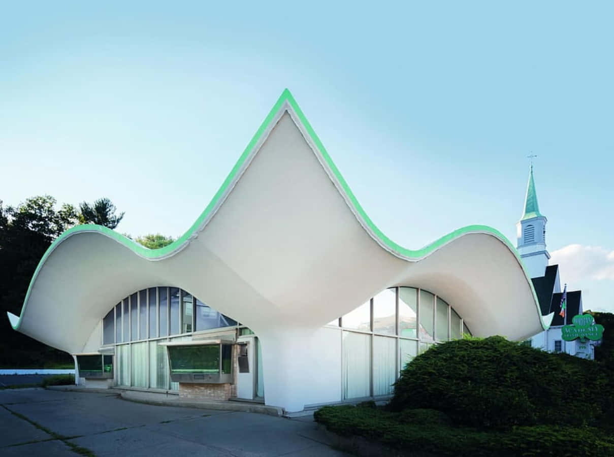 Modernism, white wavy-roofed building, green trim, SD Desktop Wallpaper