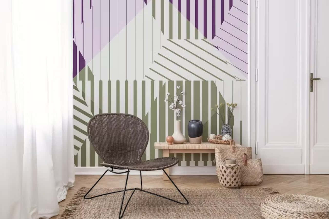 modernism, wicker chair, geometric wallpaper, HD Desktop Wallpaper